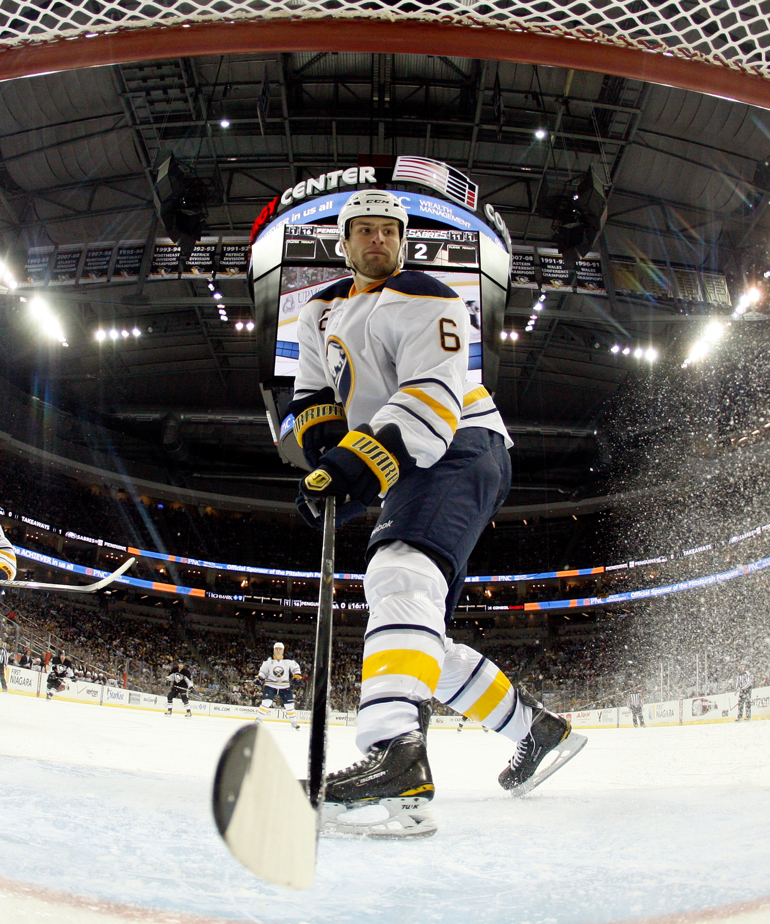 PITTSBURGH, PA - FEBRUARY 04:  Mike Weber #6 of the Buffalo Sabres skates against the Pittsburgh Penguins at Consol Energy Center on February 4, 2011 in Pittsburgh, Pennsylvania.  The Penguins defeated Buffalo 3-2.  (Photo by Justin K. Aller/Getty Images)