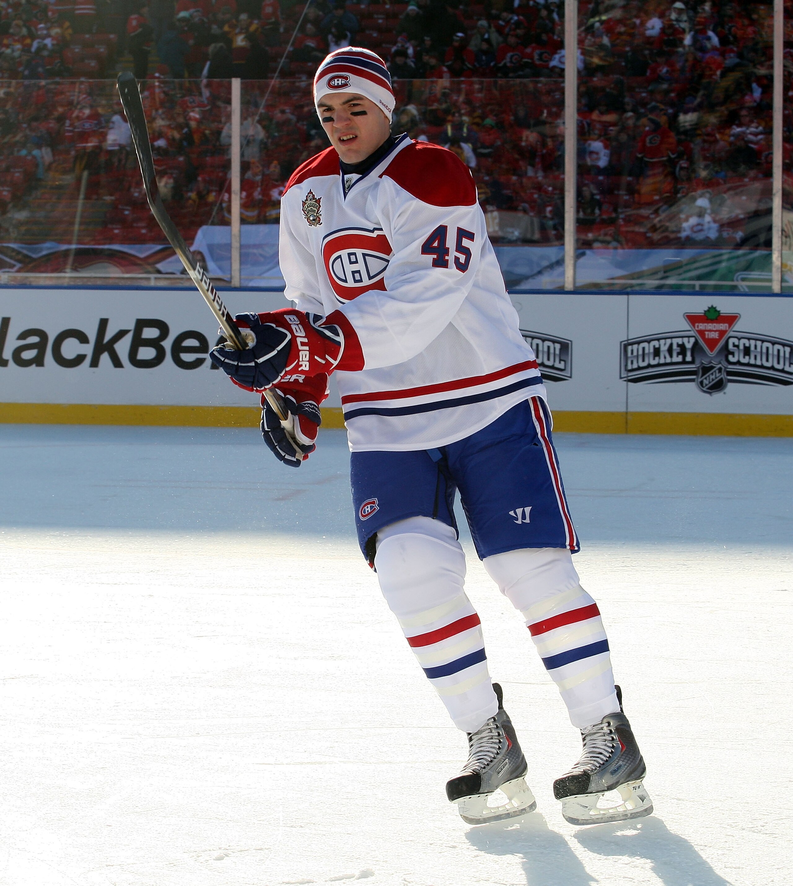 CALGARY, AB - FEBRUARY 20: Alexandre Picard #45 of the Montreal Canadiens skates in warmups before the game against the Calgary Flames during the 2011 NHL Heritage Classic Game at McMahon Stadium on February 20, 2011 in Calgary, Alberta, Canada. The Flame