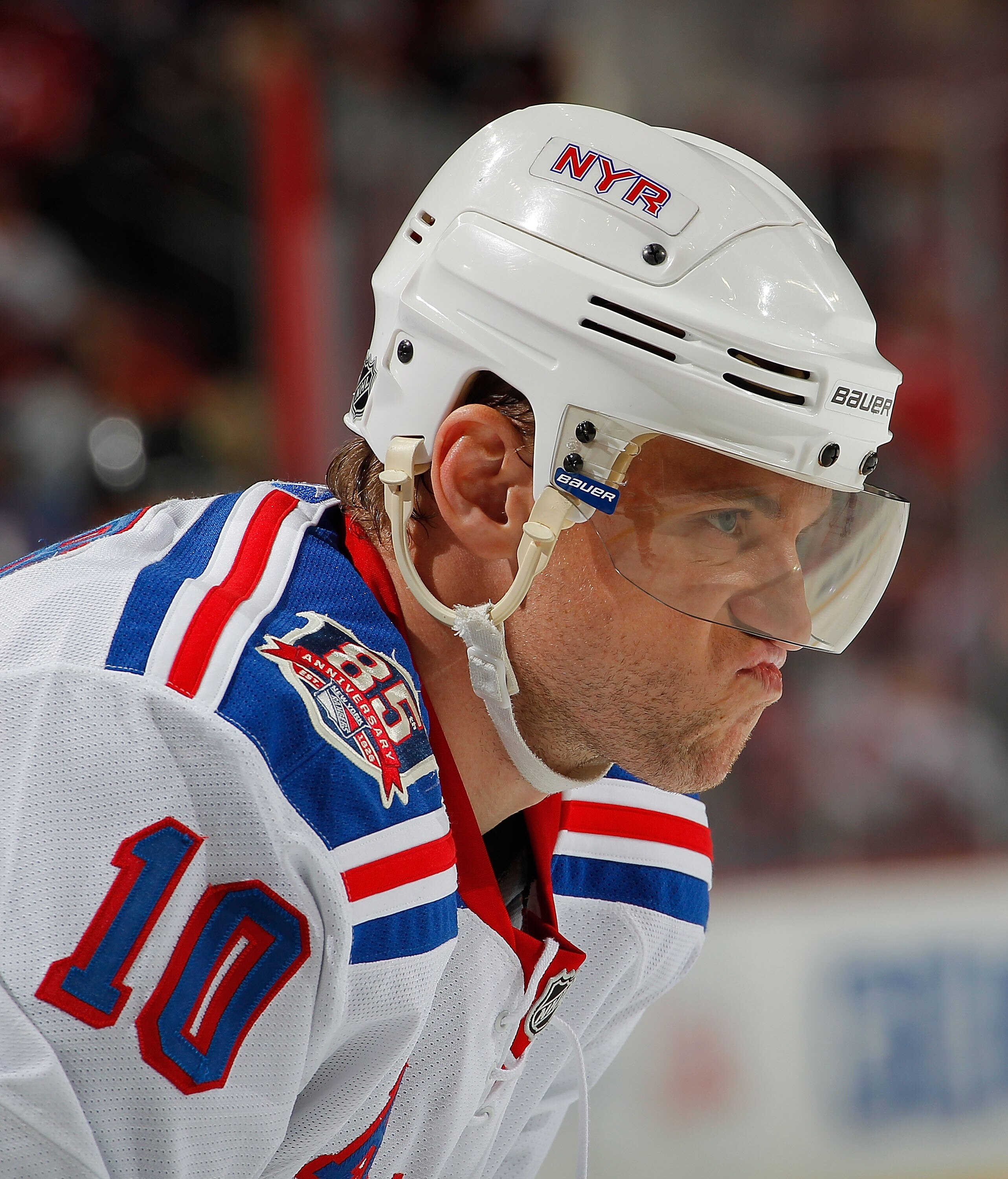 NEWARK, NJ - FEBRUARY 18:   Marian Gaborik #10 of the New York Rangers waits for a faceoff during the second period of an NHL hockey game against the New Jersey Devils at the Prudential Center on February 18, 2011 in Newark, New Jersey.  Devils won 1-0.
