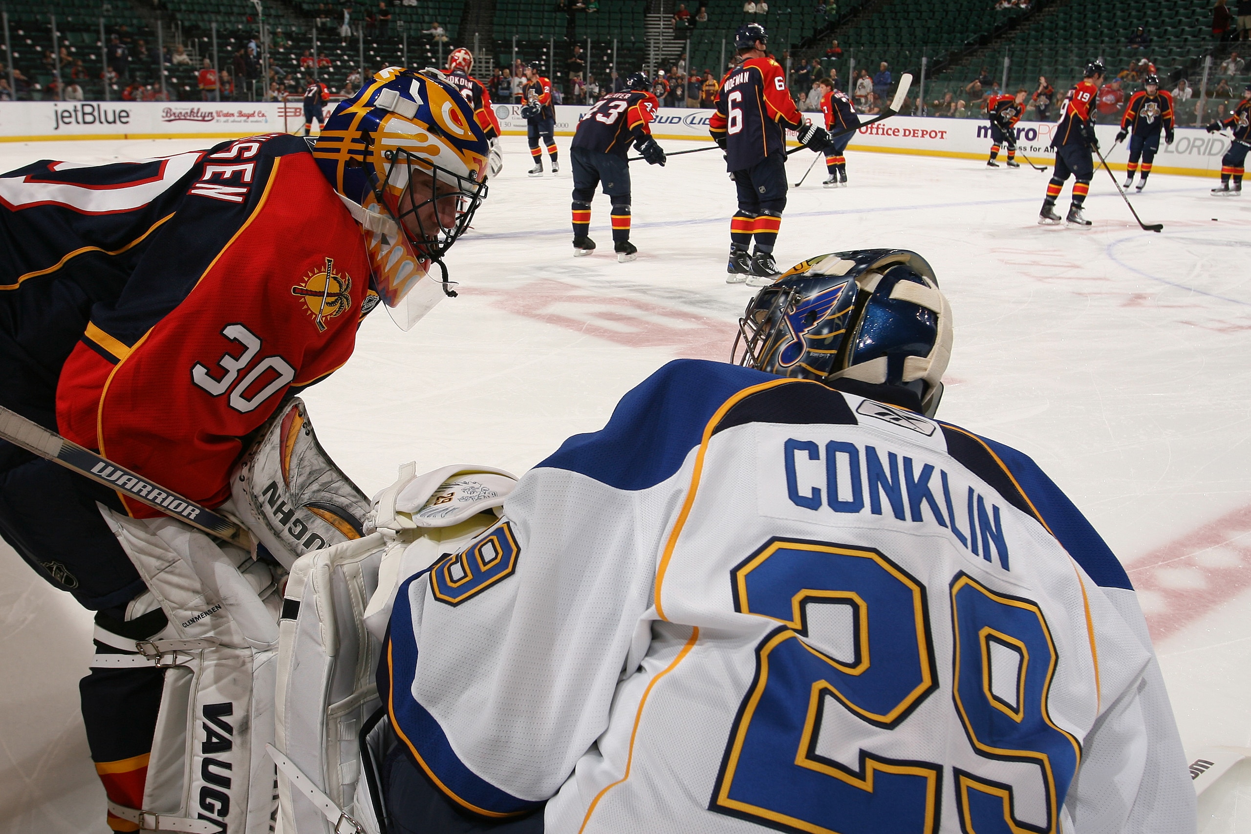 SUNRISE, FL - FEBRUARY 8: Goaltender Scott Clemmensen #30 of the Florida Panthers and goaltender Ty Conklin #29 of the St Louis Blues talk prior to the NHL game on February 8, 2011 at the BankAtlantic Center in Sunrise, Florida. (Photo by Joel Auerbach/Ge