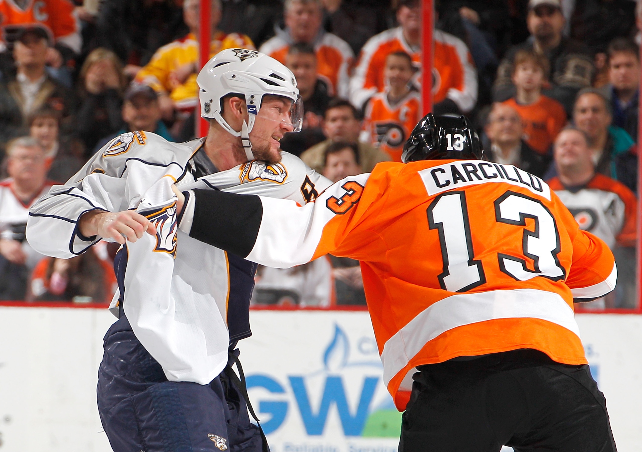 PHILADELPHIA, PA - FEBRUARY 03: Alexander Sulzer #52 of the Nashville Predators fights with Daniel Carcillo #13 of the Philadelphia Flyers during the second period of an NHL hockey game at the Wells Fargo Center on February 3, 2011 in Philadelphia, Penns PHILADELPHIA, PA - FEBRUARY 03: Alexander Sulzer #52 of the Nashville Predators fights with Daniel Carcillo #13 of the Philadelphia Flyers during the second period of an NHL hockey game at the Wells Fargo Center on February 3, 2011 in Philadelphia, Penns