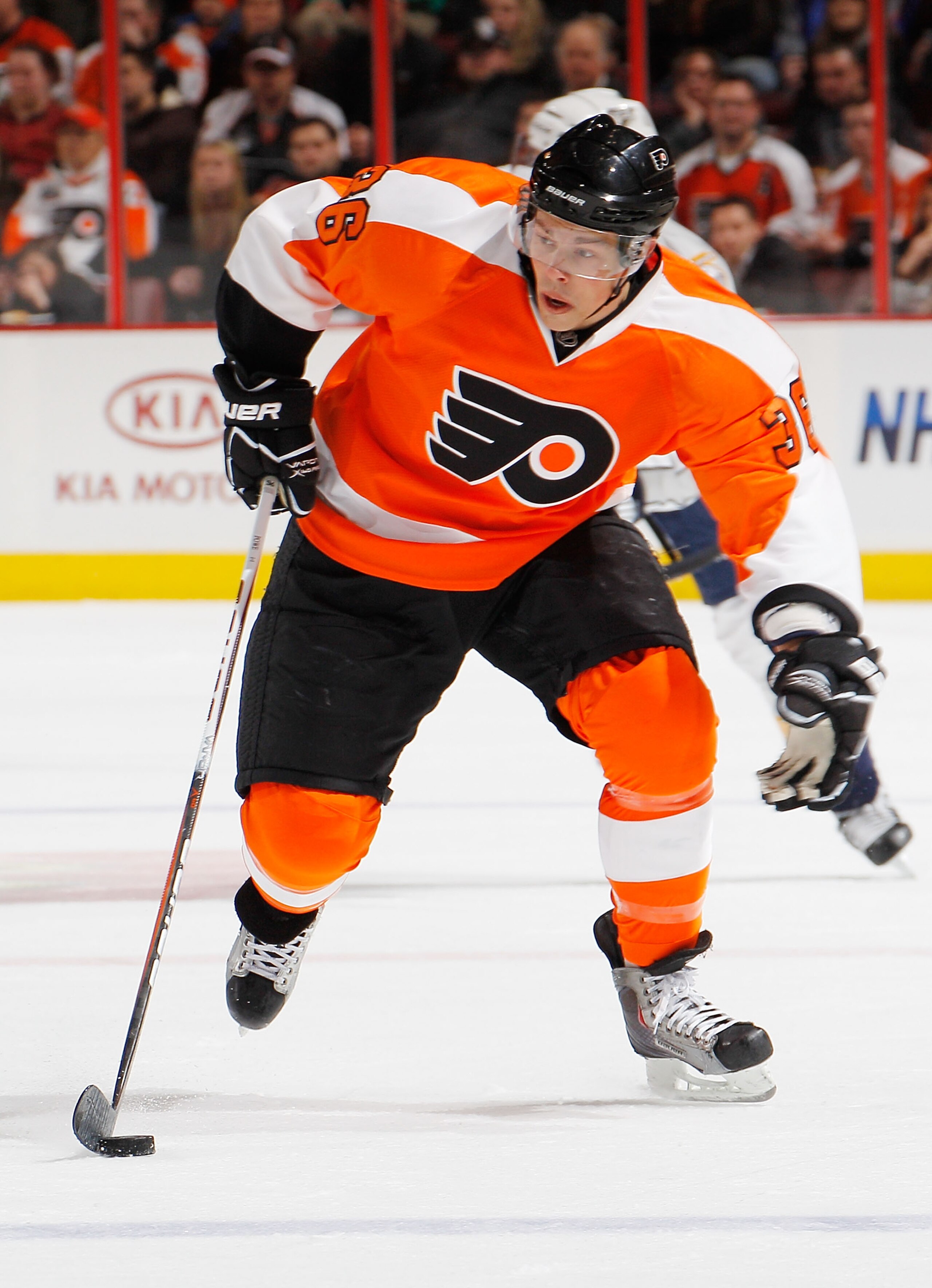 PHILADELPHIA, PA - FEBRUARY 03: Darroll Powe #36 of the Philadelphia Flyers skates during an NHL hockey game against the Nashville Predators at the Wells Fargo Center on February 3, 2011 in Philadelphia, Pennsylvania. (Photo by Paul Bereswill/Getty Imag PHILADELPHIA, PA - FEBRUARY 03: Darroll Powe #36 of the Philadelphia Flyers skates during an NHL hockey game against the Nashville Predators at the Wells Fargo Center on February 3, 2011 in Philadelphia, Pennsylvania. (Photo by Paul Bereswill/Getty Imag