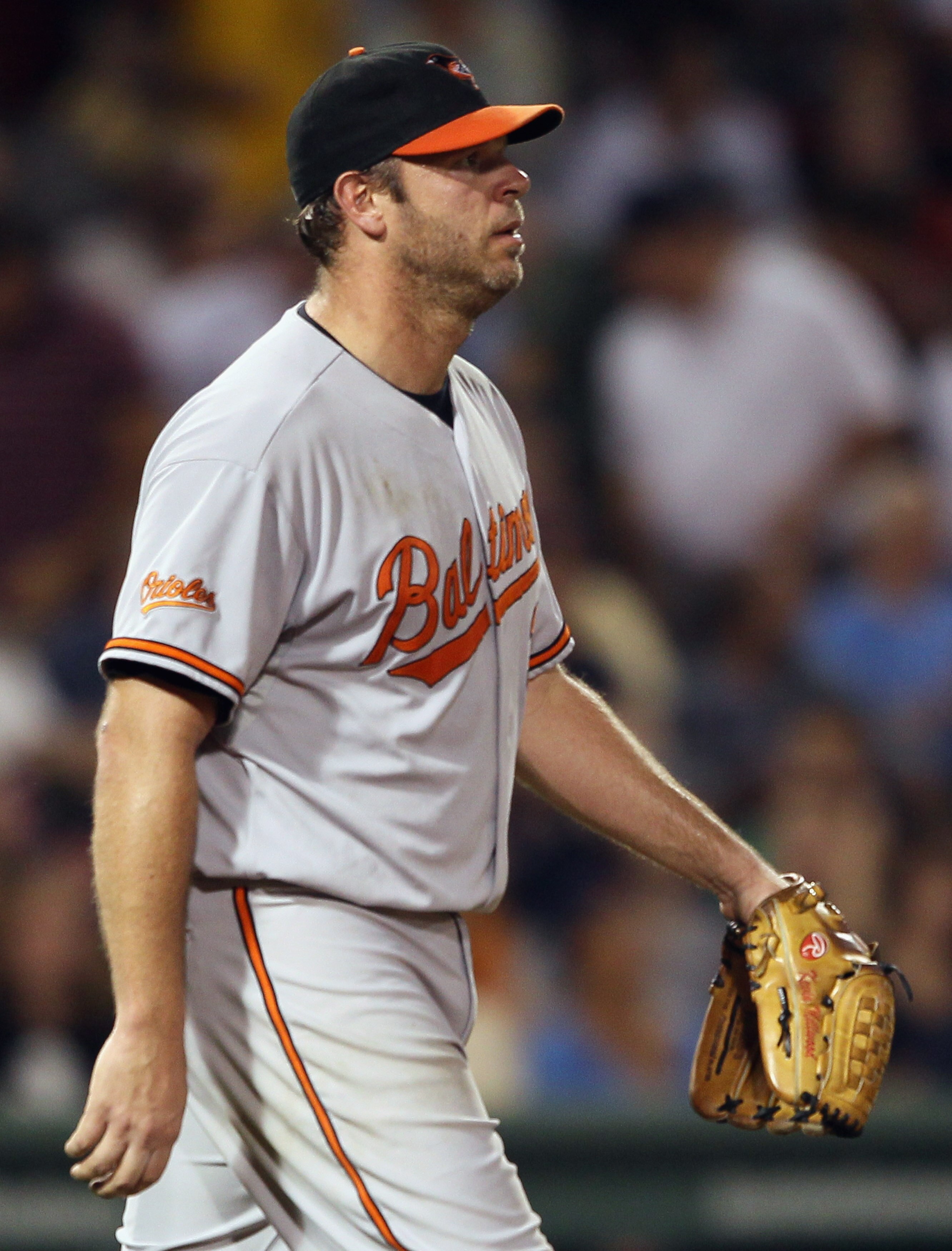 BOSTON - SEPTEMBER 22:  Kevin Millwood #34 of the Baltimore Orioles reacts after David Ortiz of the Boston Red Sox hit an RBI single in the sixth inning on September 22, 2010 at Fenway Park in Boston, Massachusetts.  (Photo by Elsa/Getty Images)