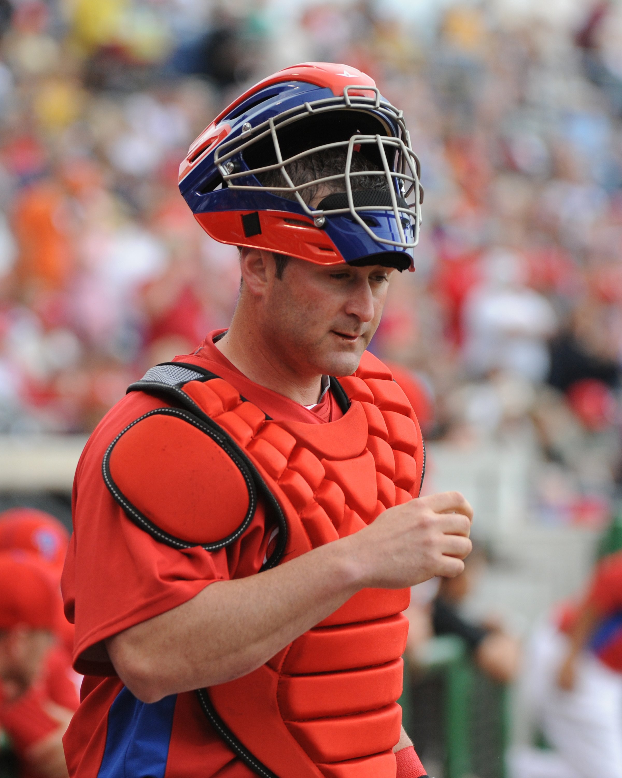 CLEARWATER, FL - MARCH 11: Catcher Brian Schneider #23 of the  Philadelphia Phillies sets for play against the Detroit Tigers March 11, 2010 at the Bright House Field in Clearwater, Florida. (Photo by Al Messerschmidt/Getty Images)