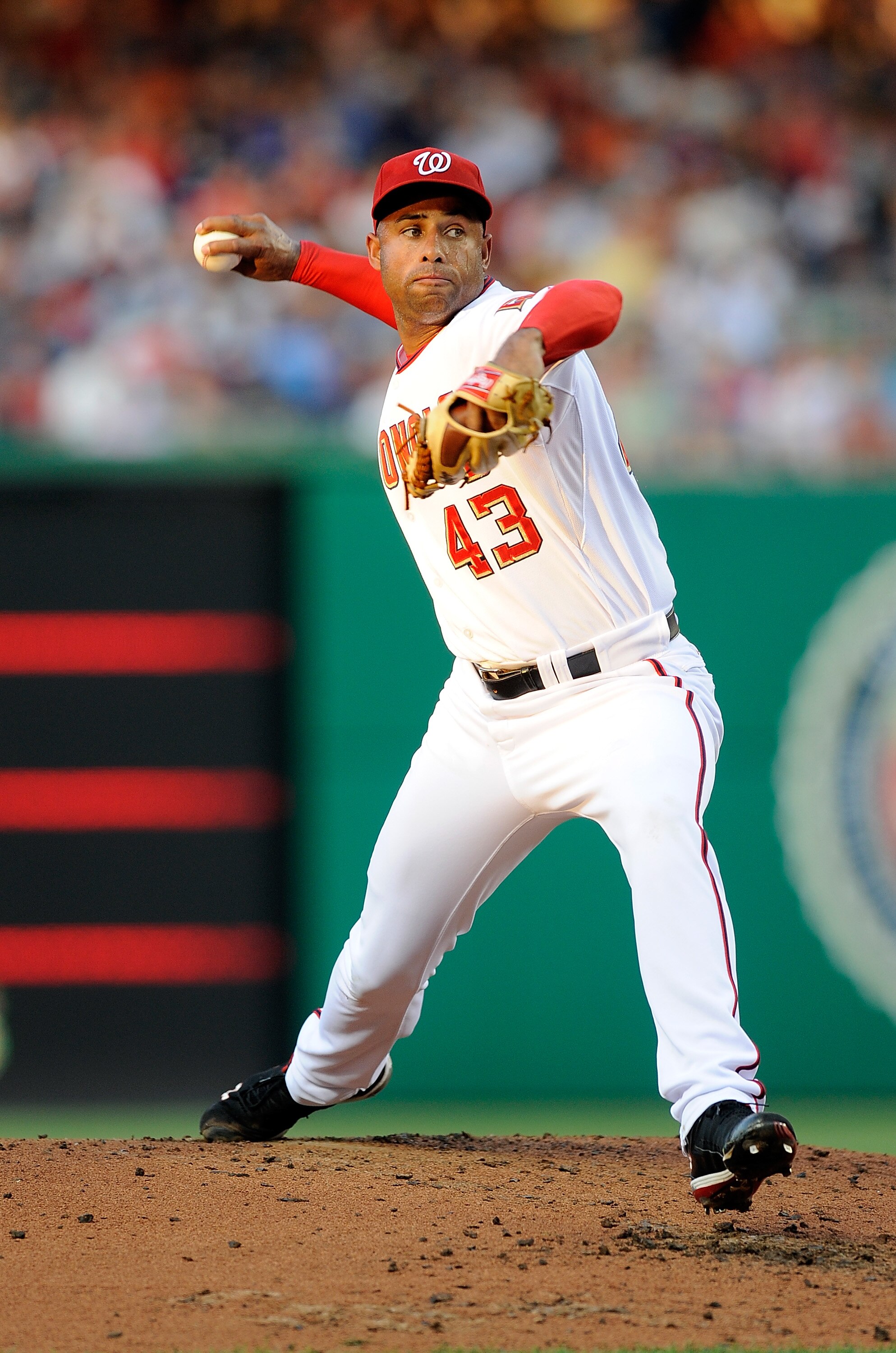 WASHINGTON - JULY 27:  Miguel Batista #43 of the Washington Nationals pitches against the Atlanta Braves at Nationals Park on July 27, 2010 in Washington, DC.  (Photo by Greg Fiume/Getty Images)