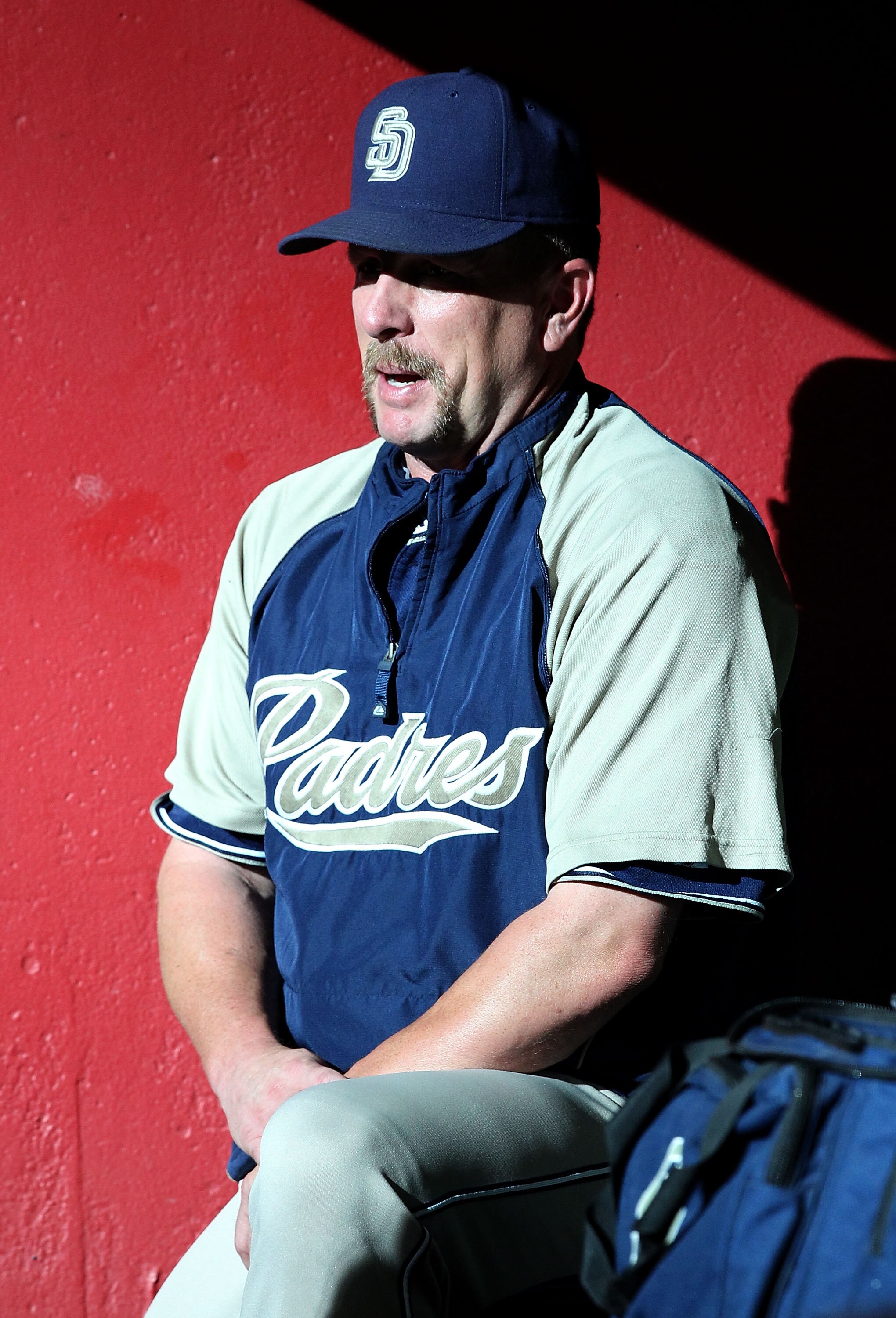PHOENIX - SEPTEMBER 01:  Matt Stairs #16 of the San Diego Padres watches from the dugout during the Major League Baseball game against the Arizona Diamondbacks at Chase Field on September 1, 2010 in Phoenix, Arizona.  The Diamondbacks defeated the Padres