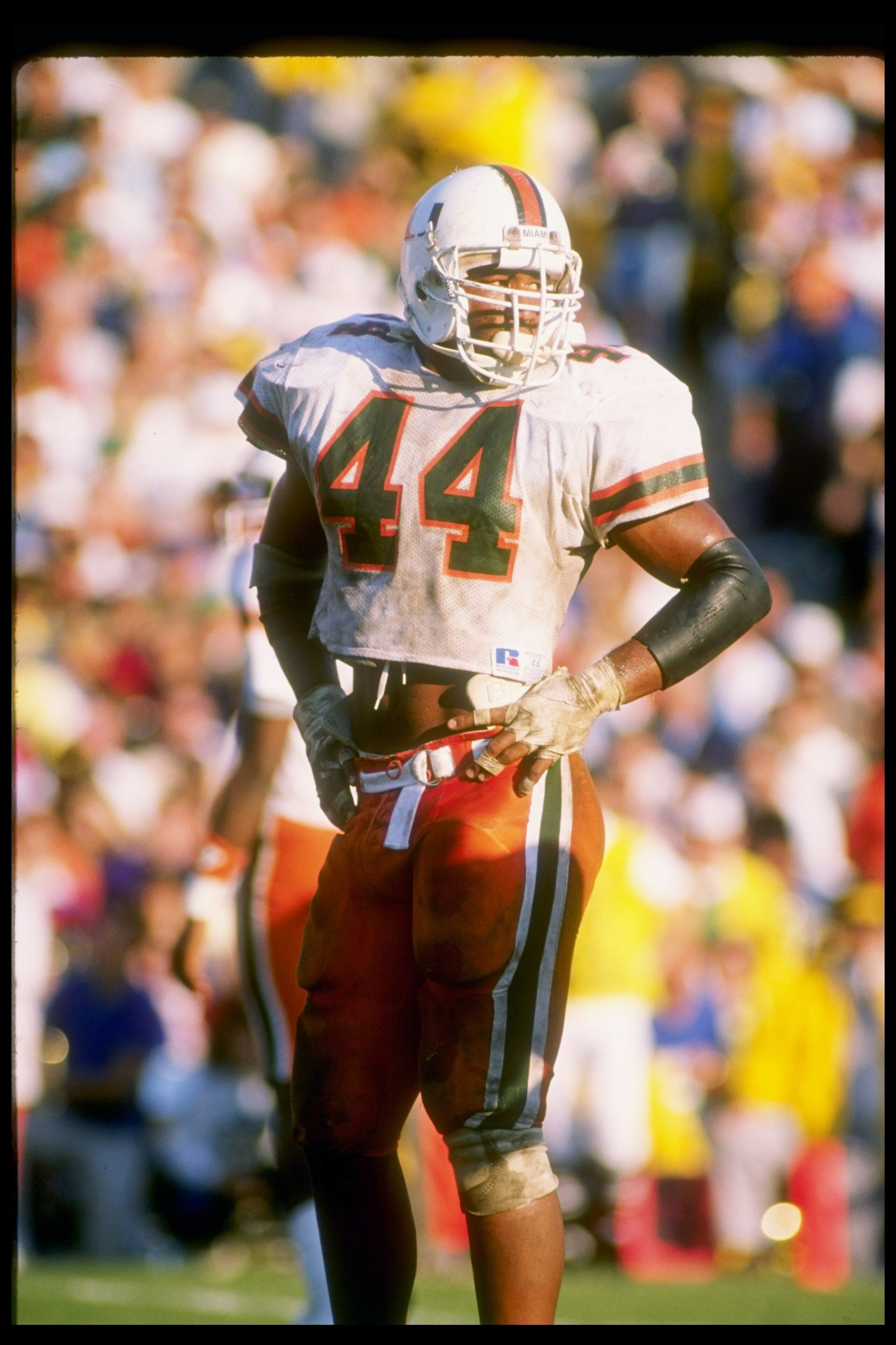 15 Oct 1988:  Shane Curry of the Miami Hurricanes stands on the field during a game against the Notre Dame Fighting Irish at Notre Dame Stadium in South Bend, Indiana.  Notre Dame won the game 31-30. Mandatory Credit: Jonathan Daniel  /Allsport