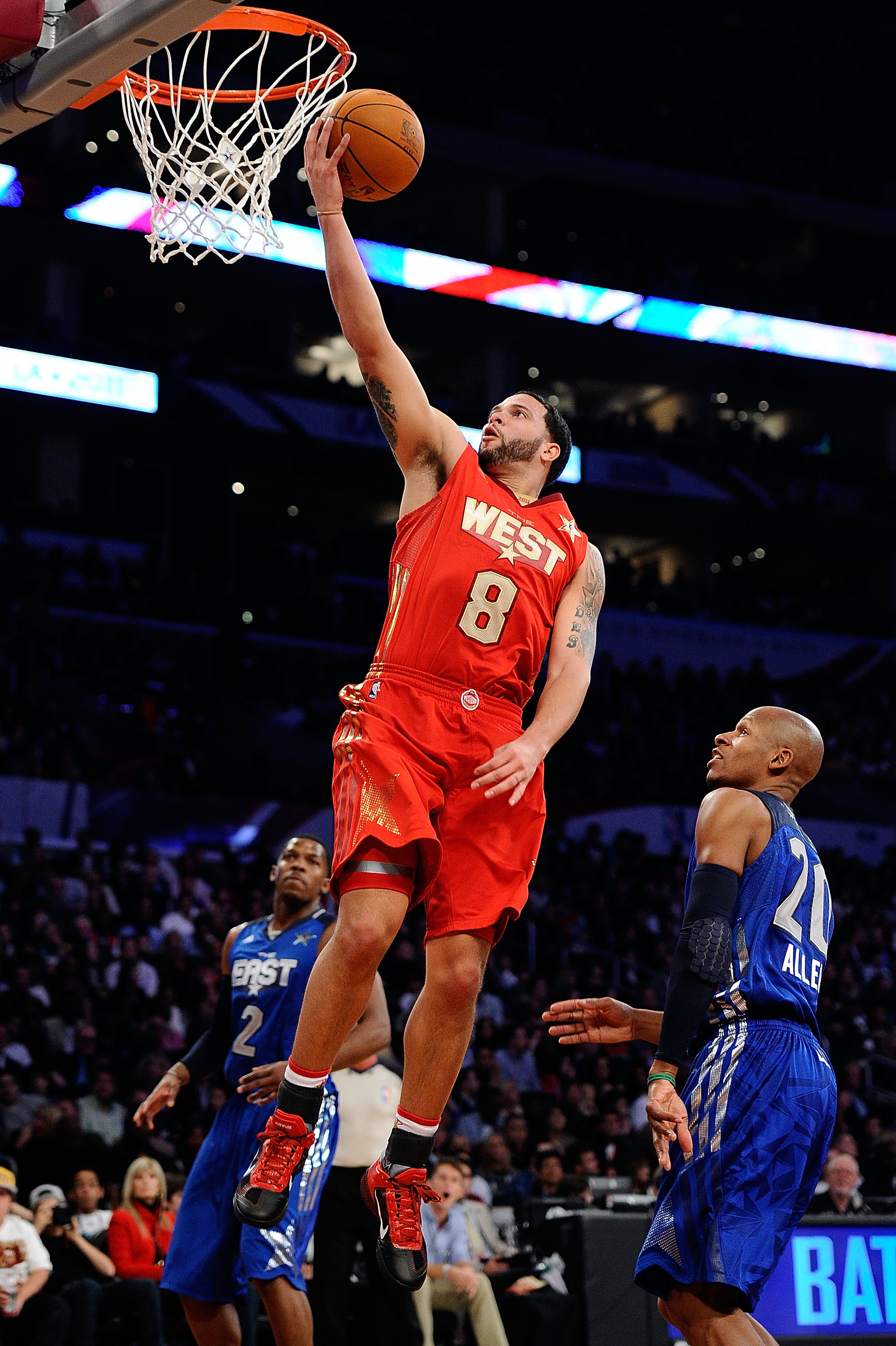 LOS ANGELES, CA - FEBRUARY 20:  Deron Williams #8 of the Utah Jazz and the Western Conference lays the ball up in the second half in the 2011 NBA All-Star Game at Staples Center on February 20, 2011 in Los Angeles, California. NOTE TO USER: User expressly