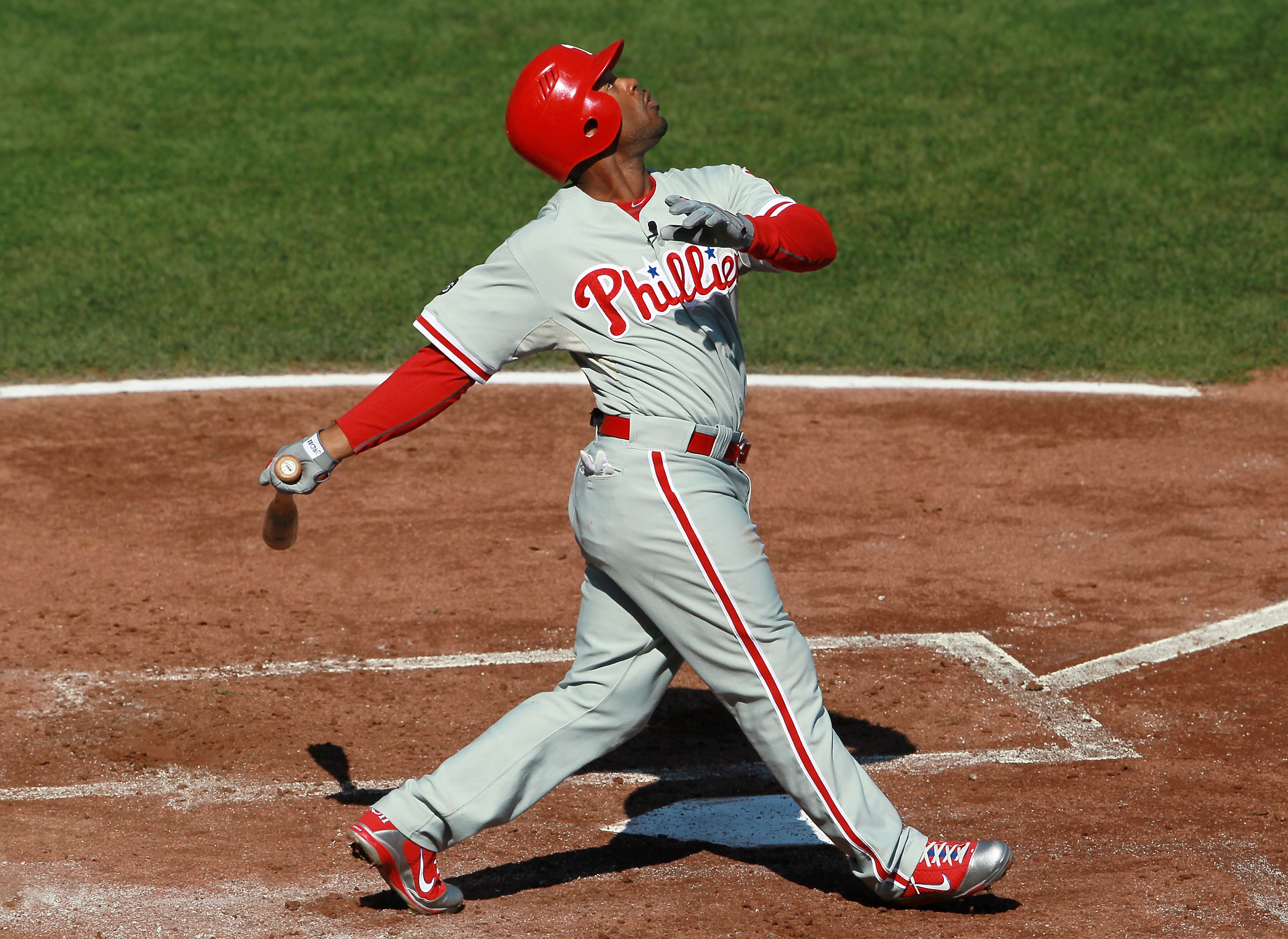 SAN FRANCISCO - OCTOBER 19:  Jimmy Rollins #11 of the Philadelphia Phillies swings at a pitch during Game Three of the NLCS against the San Francisco Giants during the 2010 MLB Playoffs at AT&T Park on October 19, 2010 in San Francisco, California.  (Phot