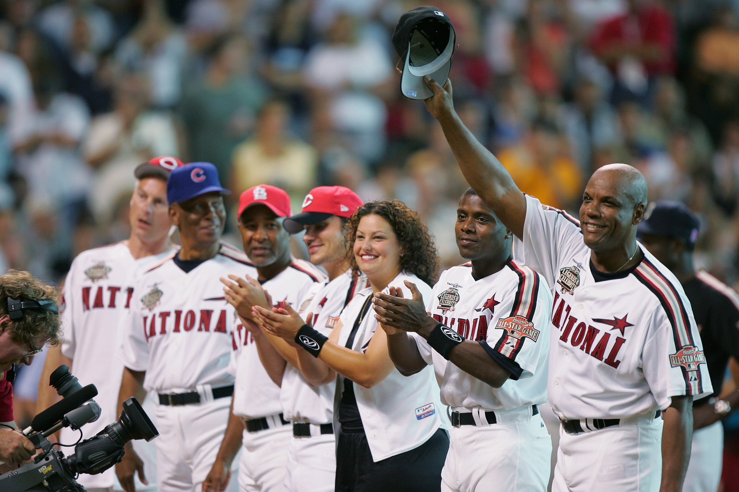 HOUSTON - JULY 11:  Cesar Cedeno, former All-Star outfielder for the Houston Astros waves to the crowd as he is introduced before the Major League Baseball Legends and Celebrity Softball Game at Minute Maid Park on July 11, 2004 in Houston, Texas.  Actor