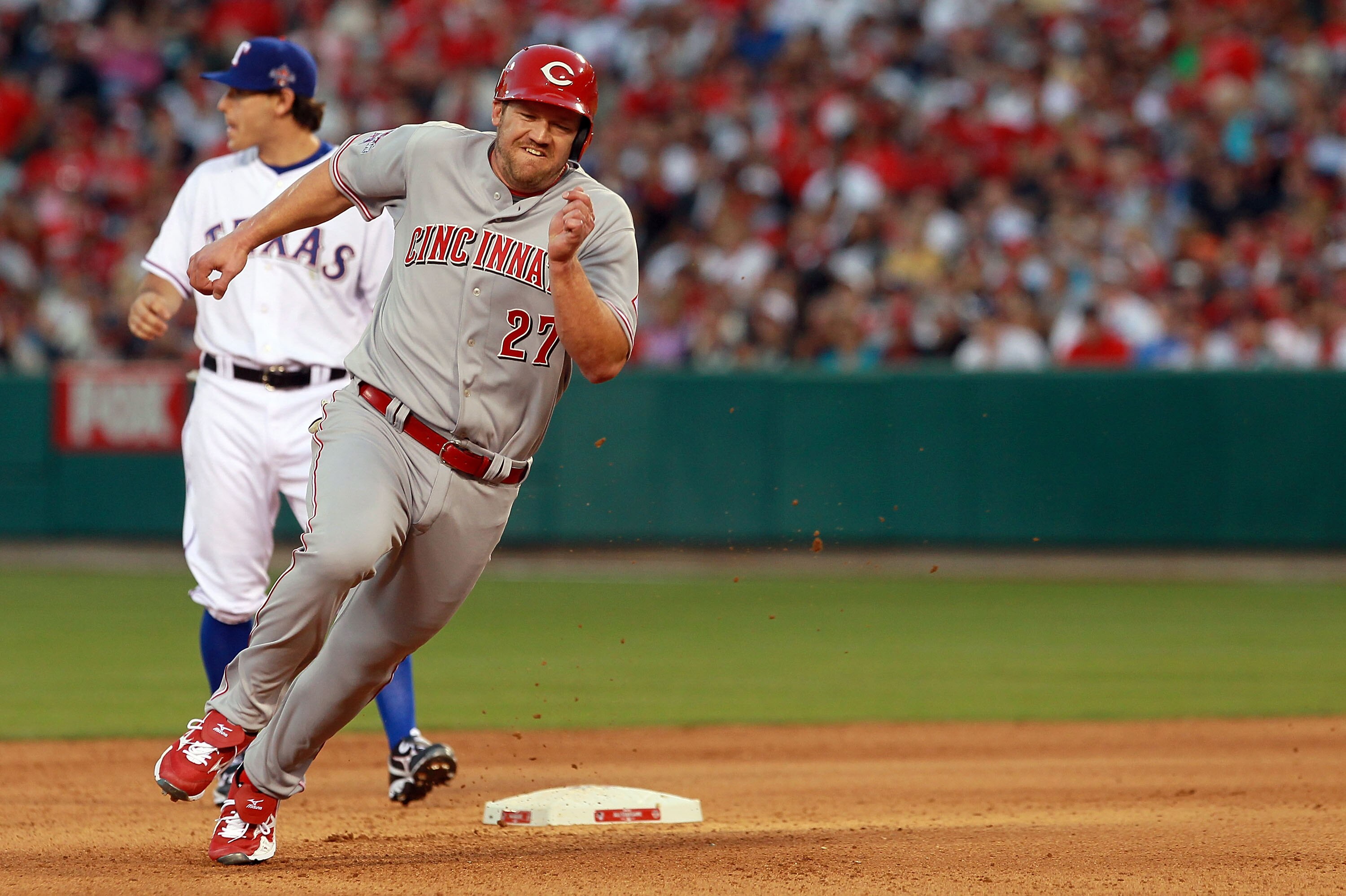 ANAHEIM, CA - JULY 13:  National League All-Star Scott Rolen #27 of the Cincinnati Reds runs to second after hitting the ball for a three run double during the 81st MLB All-Star Game at Angel Stadium of Anaheim on July 13, 2010 in Anaheim, California.  (P