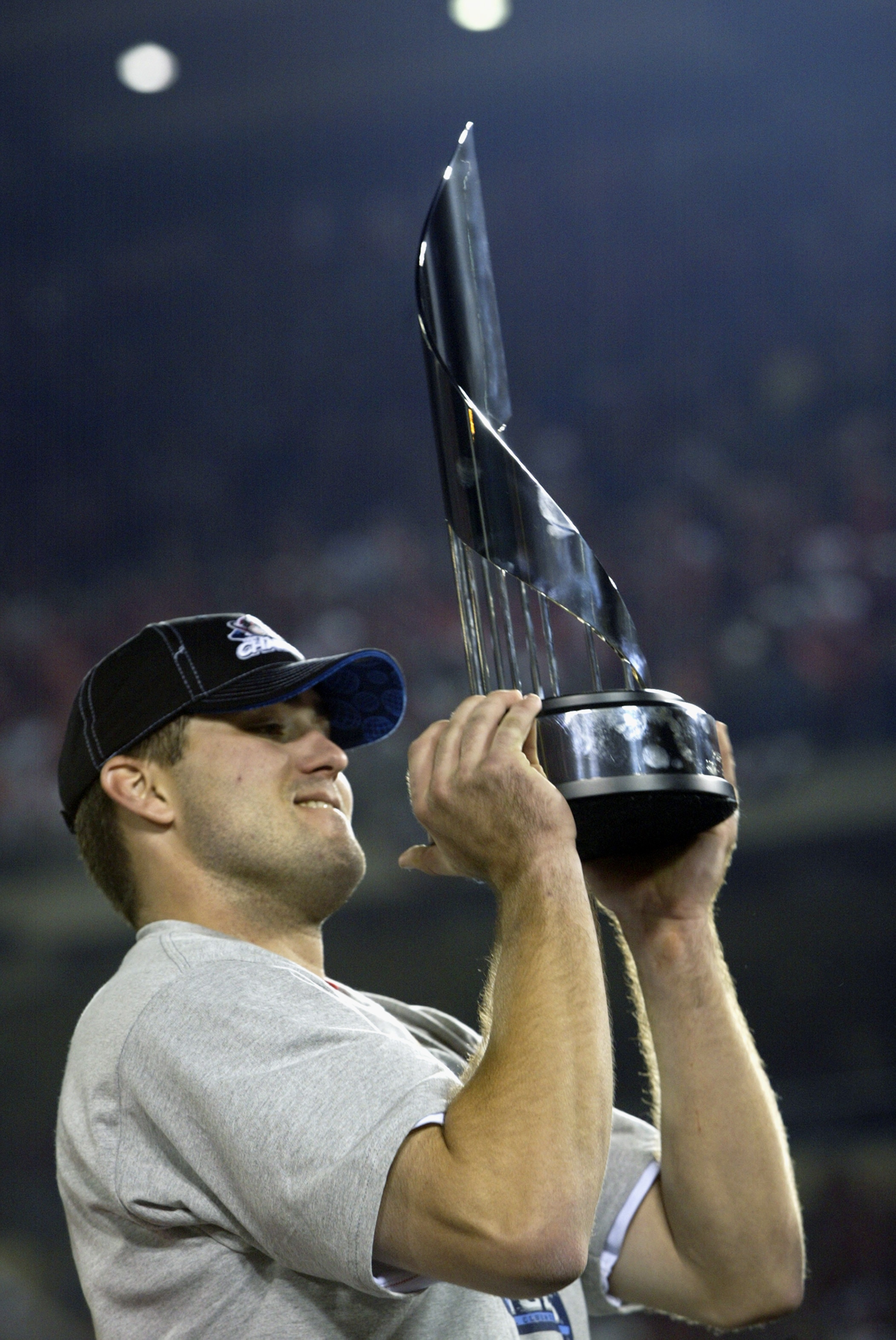 ANAHEIM, CA - OCTOBER 27:  Troy Glaus #25 of the Anaheim Angels holds the MVP trophy after the victory over the San Francisco Giants in game seven of the World Series on October 27, 2002 at Edison Field in Anaheim, California.  The Angels won the game 4-1