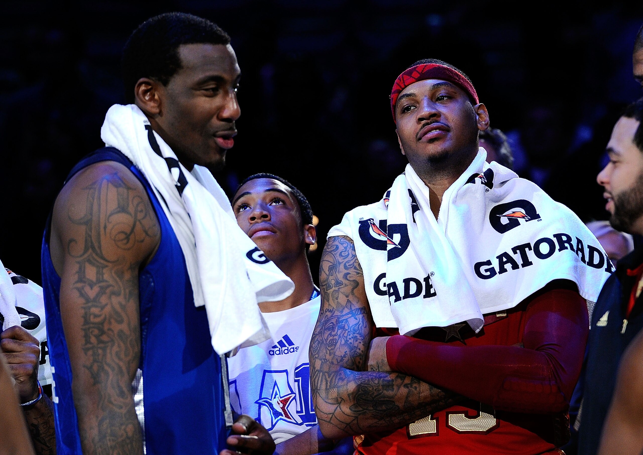 LOS ANGELES, CA - FEBRUARY 20:  Amare Stoudemire #1 of the New York Knicks and the Eastern Conference stands with Carmelo Anthony #15 of the Denver Nuggets and the Western Conference after the Western Conference won 148-143 victory in the 2011 NBA All-Sta