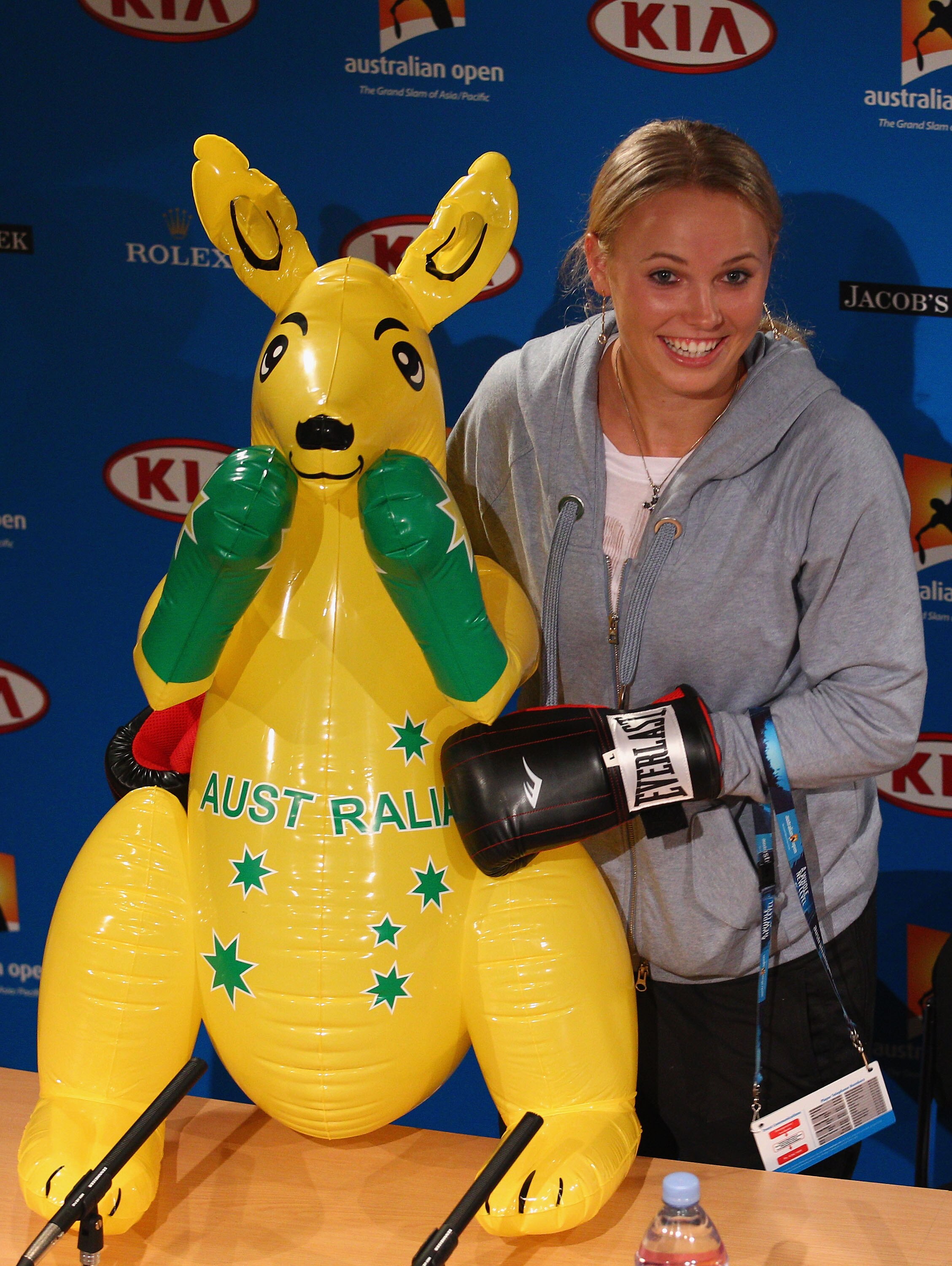 MELBOURNE, AUSTRALIA - JANUARY 25:  Caroline Wozniacki of Denmark attends a press conference after winning her quarterfinal match against Francesca Schiavone of Italy during day nine of the 2011 Australian Open at Melbourne Park on January 25, 2011 in Mel