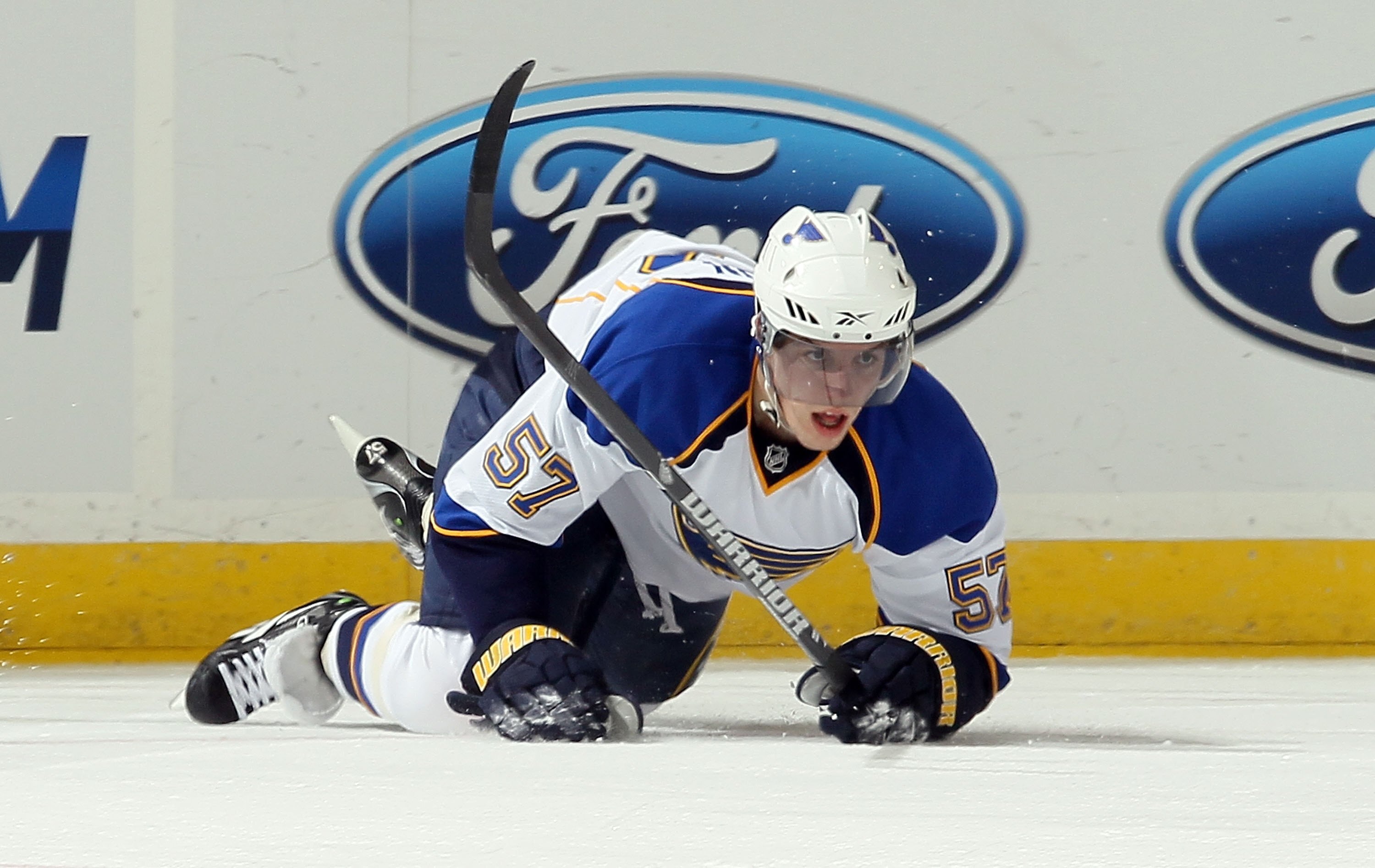 NEWARK, NJ - MARCH 20:  David Perron #57 of the St. Louis Blues skates against the New Jersey Devils at the Prudential Center on March 20, 2010 in Newark, New Jersey. The Blues defeated the Devils 1-0.  (Photo by Jim McIsaac/Getty Images)