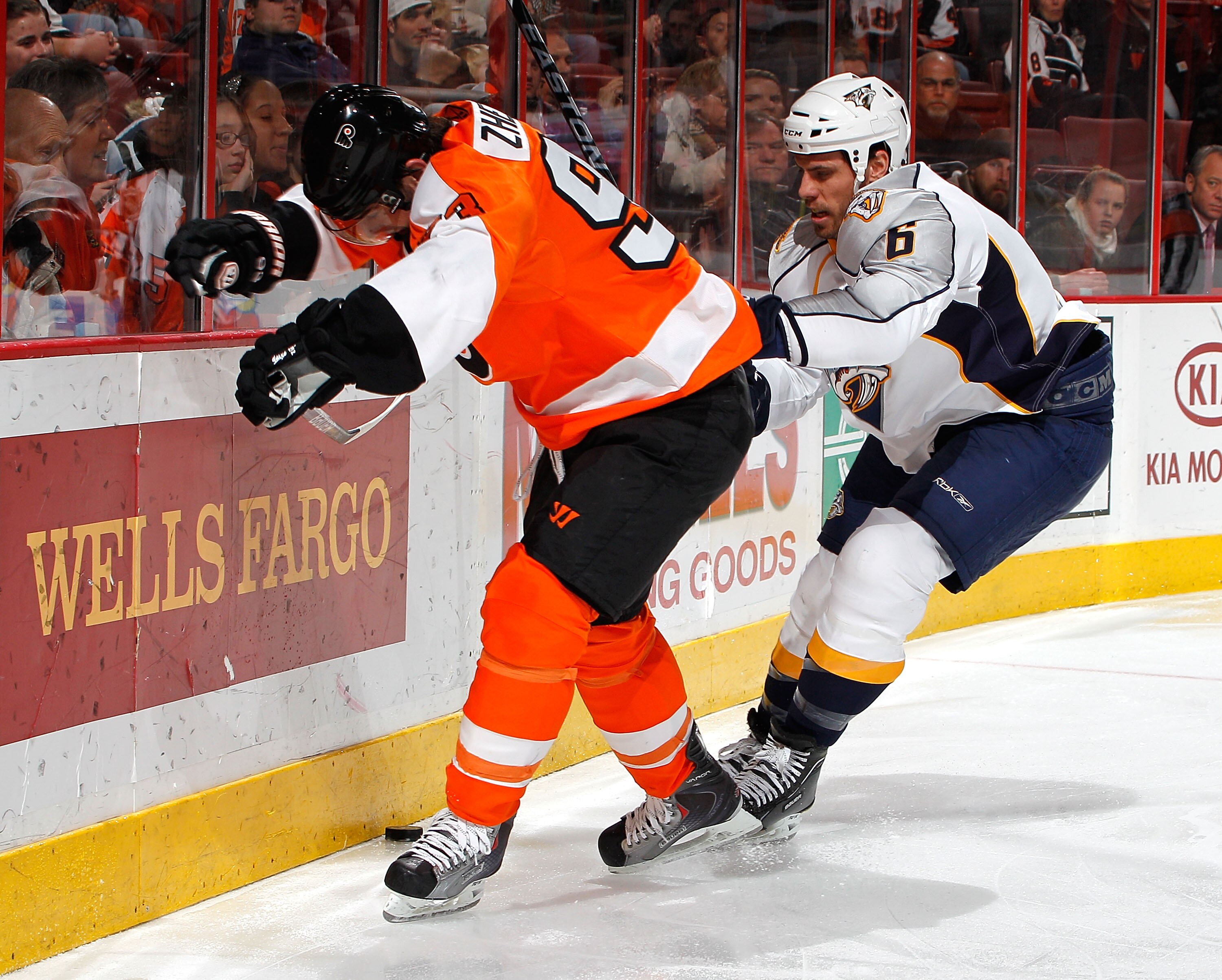 PHILADELPHIA, PA - FEBRUARY 03:  Shea Weber #6 of the Nashville Predators checks Nikolay Zherdev #93 of the Philadelphia Flyers during the second period of an NHL hockey game at the Wells Fargo Center on February 3, 2011 in Philadelphia, Pennsylvania.  (P