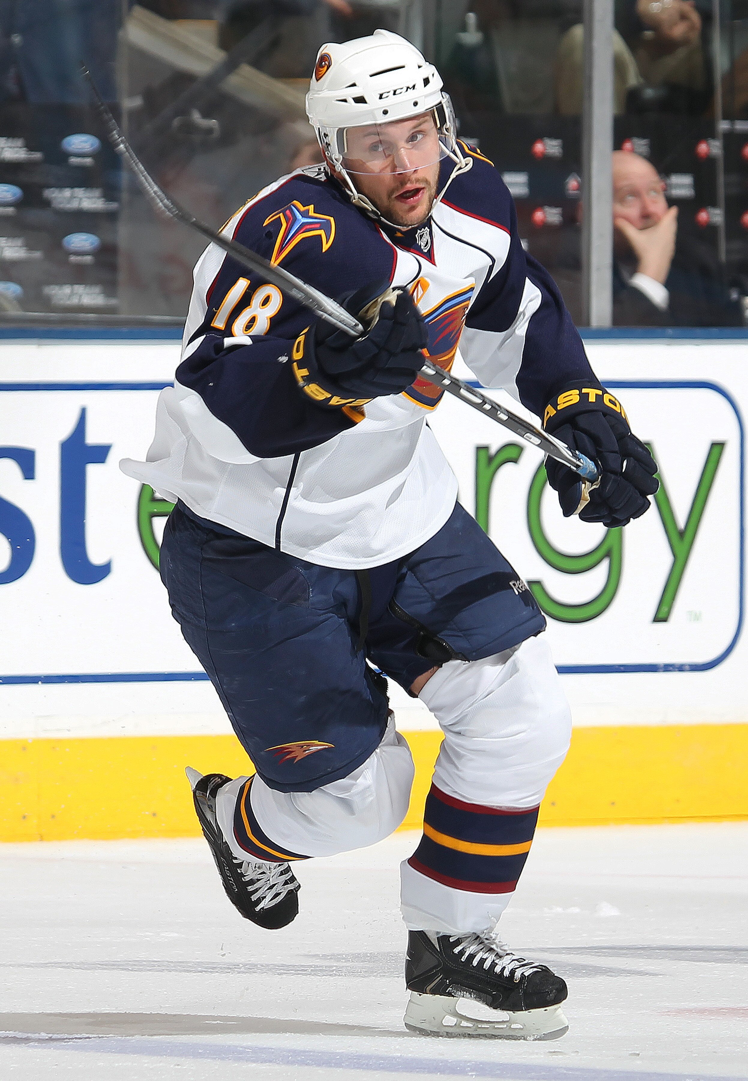 TORONTO, CAN - FEBRUARY 7:  Niclas Bergfors #18 of the Atlanta Thrashers skates in a game against the Toronto Maple Leafs on February 7, 2011 at the Air Canada Centre in Toronto, Canada. The Leafs defeated the Thrashers 5-4. (Photo by Claus Andersen/Getty