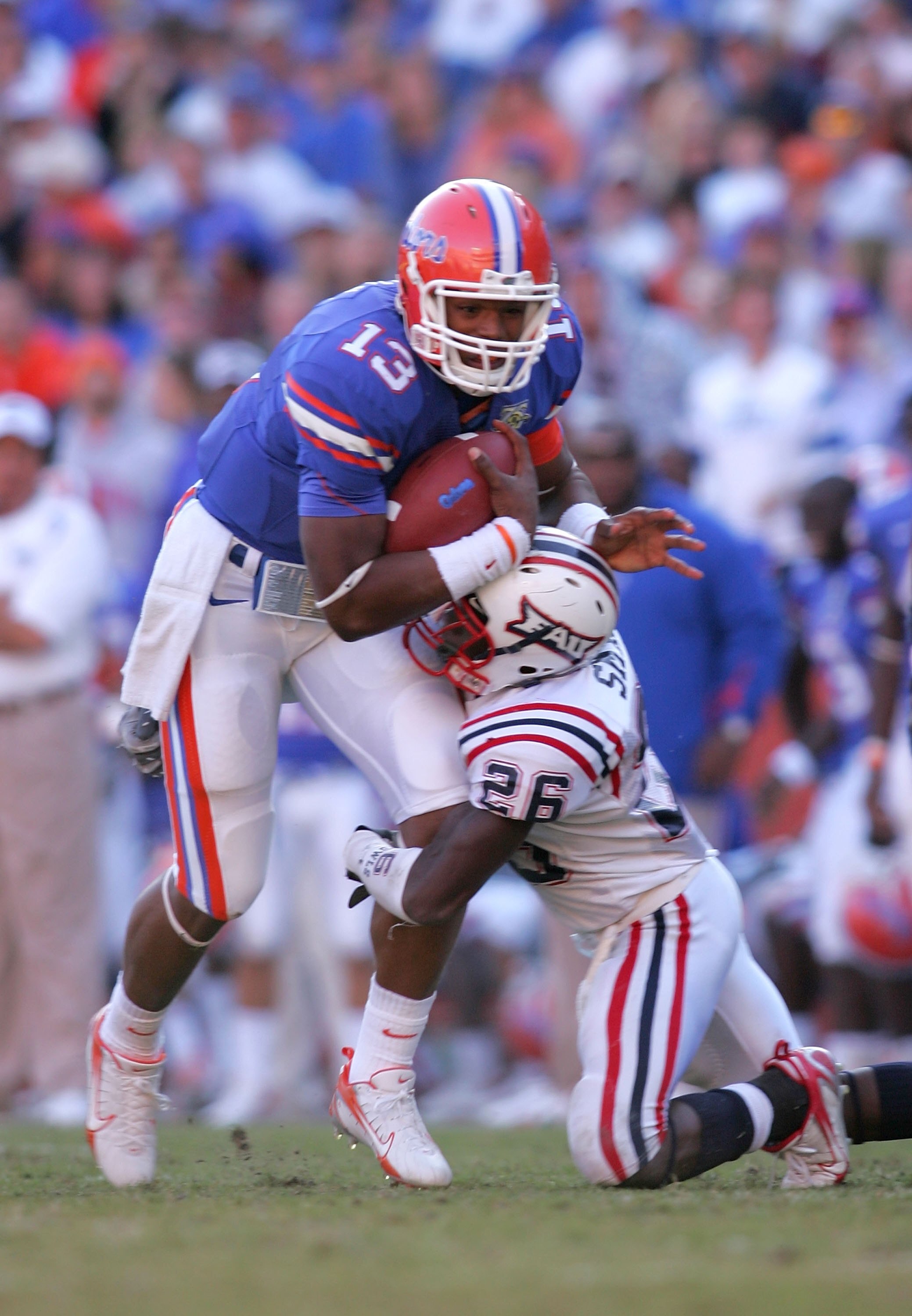 GAINESVILLE, FL - NOVEMBER 17:  Cameron Newton of the Florida Gators breaks a tackle during a  game against the FAU Owls at Ben Hill Griffin Stadium on November 17, 2007 in Gainesville, Florida.  (Photo by Sam Greenwood/Getty Images)