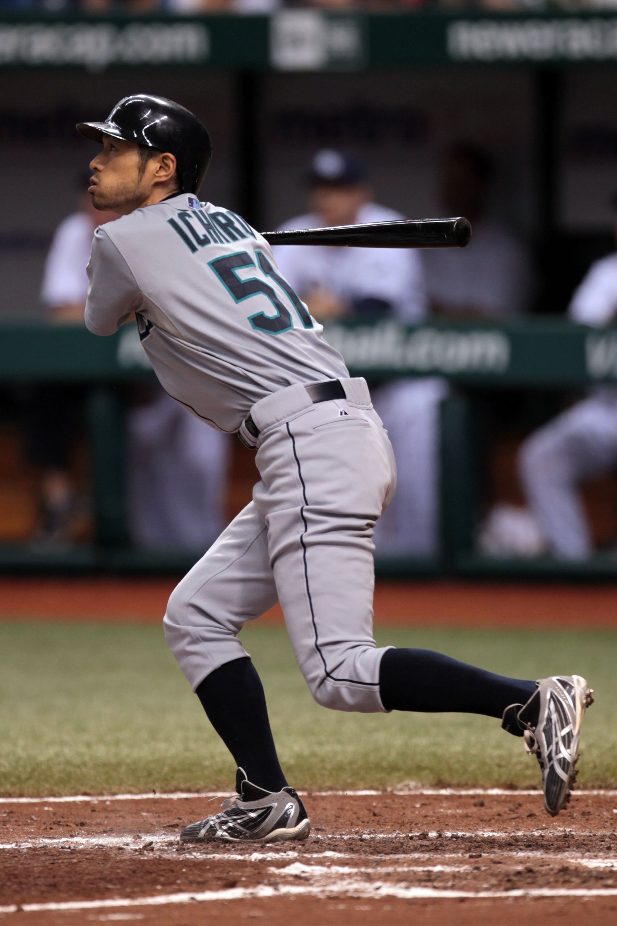 ST PETERSBURG, FL - SEPTEMBER 25: Ichiro Suzuki #51 of the Seattle Mariners watches a hit fly against the Tampa Bay Rays at Tropicana Field on September 25, 2010 in St. Petersburg, Florida. (Photo by Eliot J. Schechter/Getty Images)