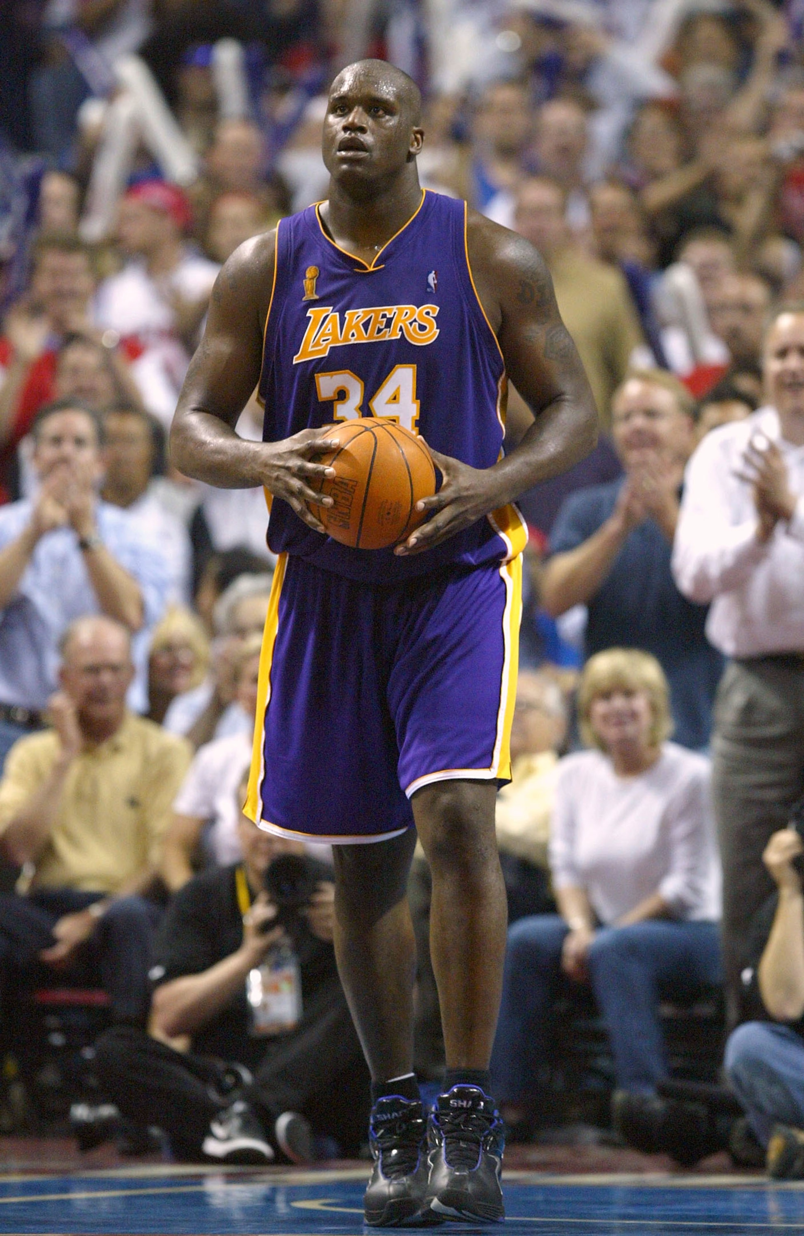 AUBURN HILLS, MI - JUNE 15:  Shaquille O'Neal #34 of the Los Angeles Lakers walks upcourt in the fourth quarter of game five of the 2004 NBA Finals against the Detroit Pistons on June 15, 2004 at The Palace of Auburn Hills in Auburn Hills, Michigan. The P
