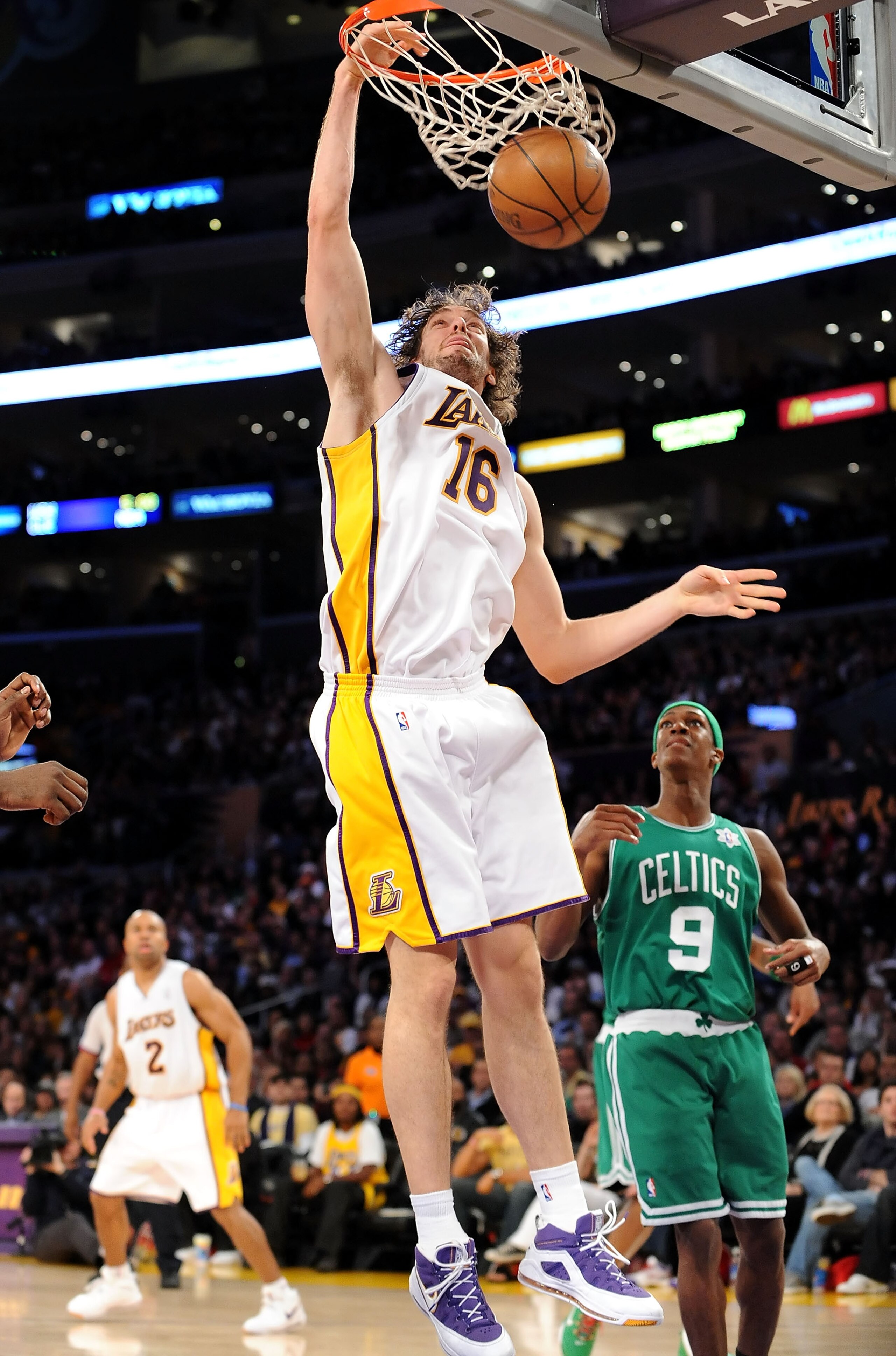 LOS ANGELES, CA - DECEMBER 25:  Pau Gasol #16 of the Los Angeles Lakers puts a shot up against the Boston Celtics at Staples Center on December 25, 2008 in Los Angeles, California.  The Lakers defeated the Celtics 92-83.  NOTE TO USER: User expressly ackn