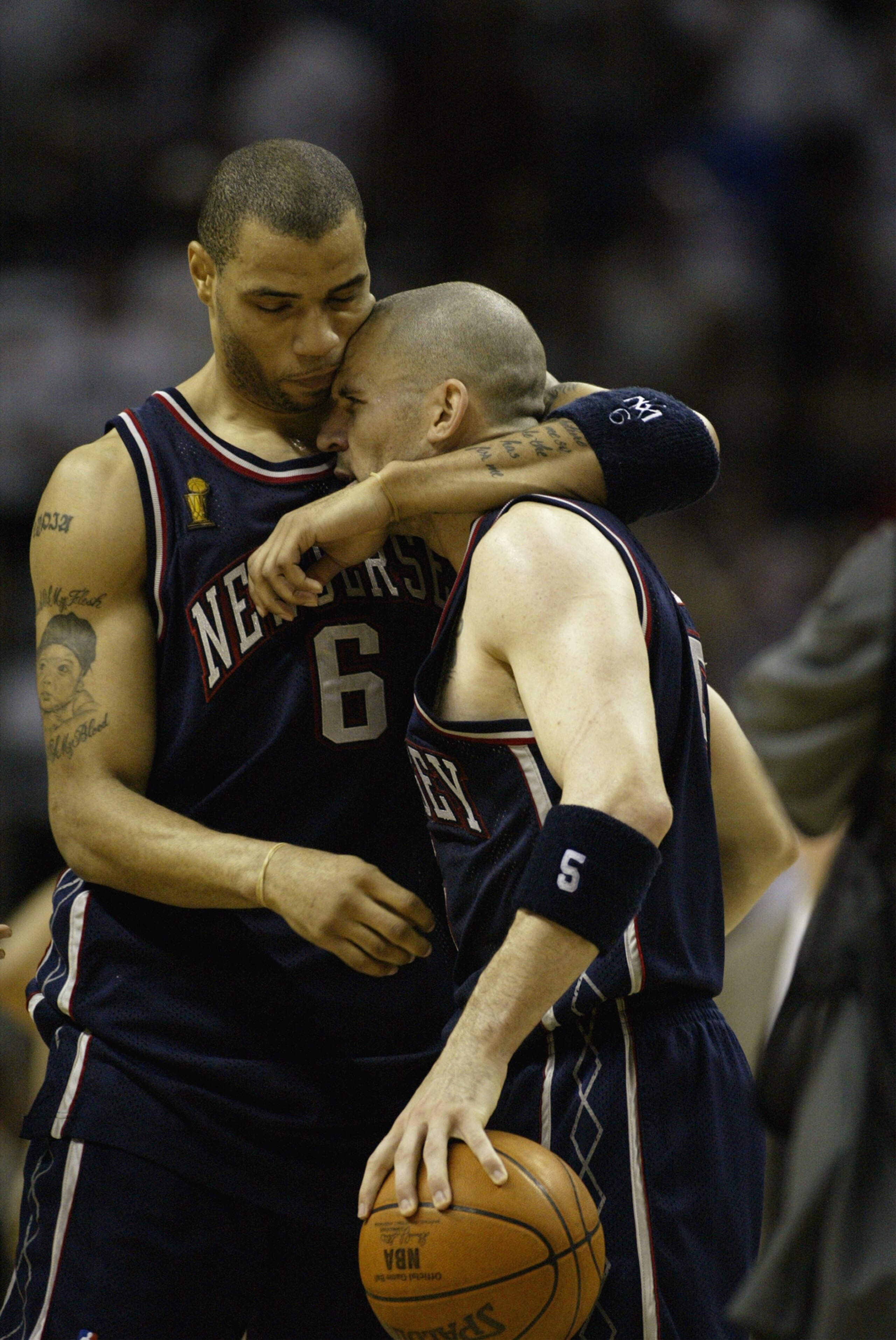 SAN ANTONIO - JUNE 6:  Kenyon Martin #6 and Jason Kidd #5 of the New Jersey Nets celebrate in Game two of the 2003 NBA Finals against the San Antonio Spurs at SBC Center on June 6, 2003 in San Antonio, Texas.  The Nets won 87-85.  NOTE TO USER: User expre