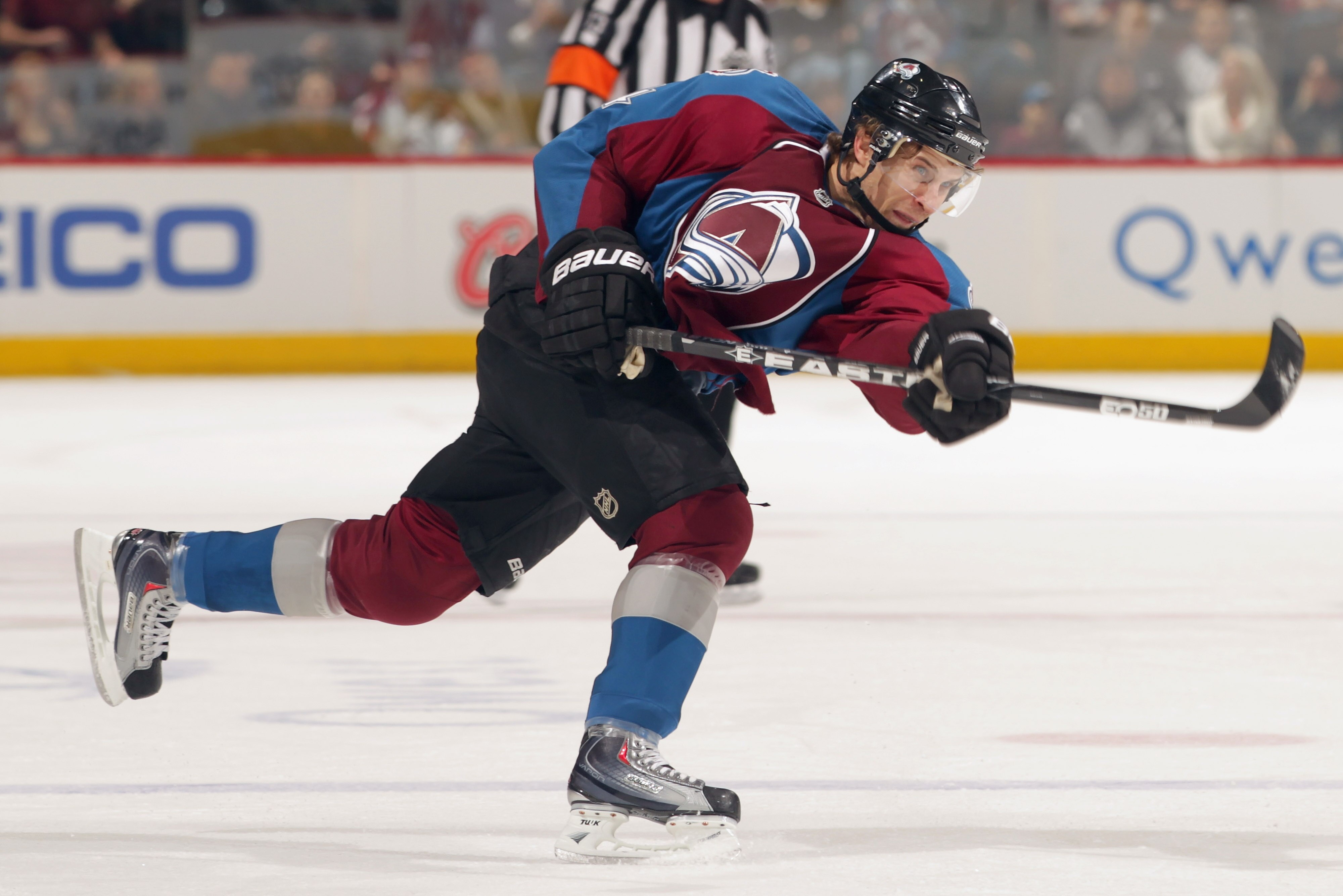 DENVER, CO - FEBRUARY 14:  John Michael Liles #4 of the Colorado Avalanche takes a shot against the Calgary Flames at the Pepsi Center on February 14, 2011 in Denver, Colorado. The Flames defeated the Avalanche 9-1.  (Photo by Doug Pensinger/Getty Images)
