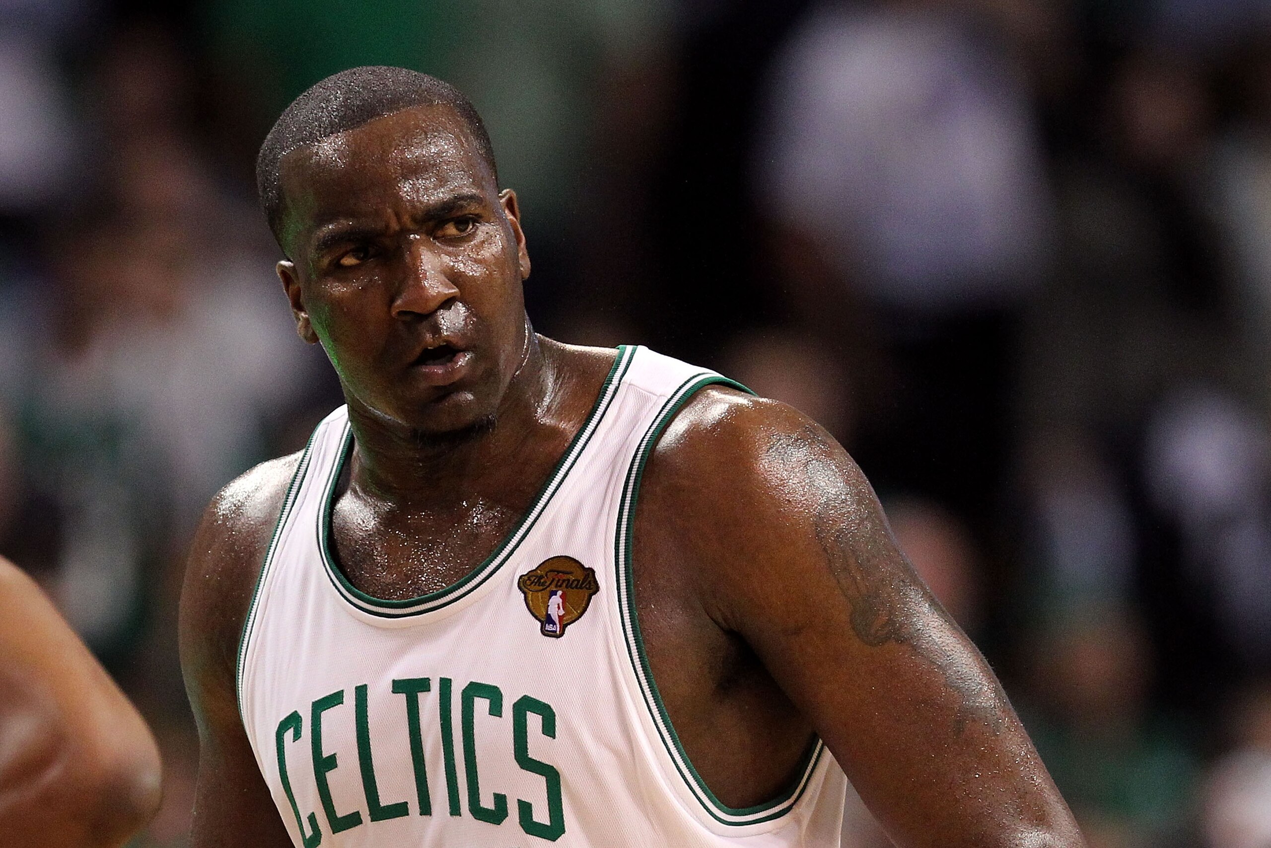 BOSTON - JUNE 10:  Kendrick Perkins #43 of the Boston Celltics looks on against the Los Angeles Lakers during Game Four of the 2010 NBA Finals on June 10, 2010 at TD Garden in Boston, Massachusetts. NOTE TO USER: User expressly acknowledges and agrees tha