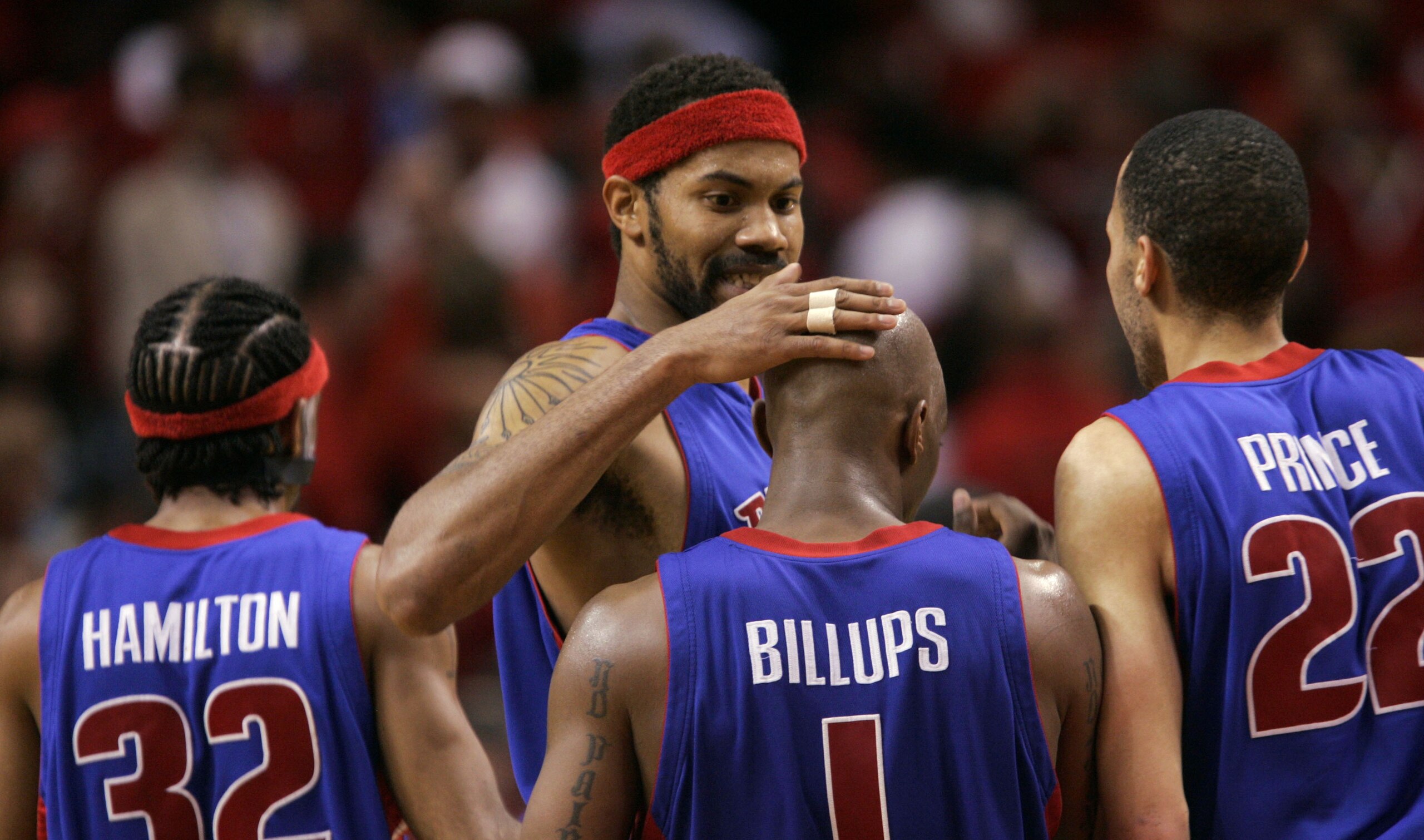 MIAMI - MAY 23: Rasheed Wallace #36 of the Detroit Pistons celebrates with teammates Chauncey Billups #1, Richard Hamilton #32 and Tayshaun Prince #22 against the Miami Heat in Game One of the Eastern Conference Finals during the 2005 NBA Playoffs May 23,