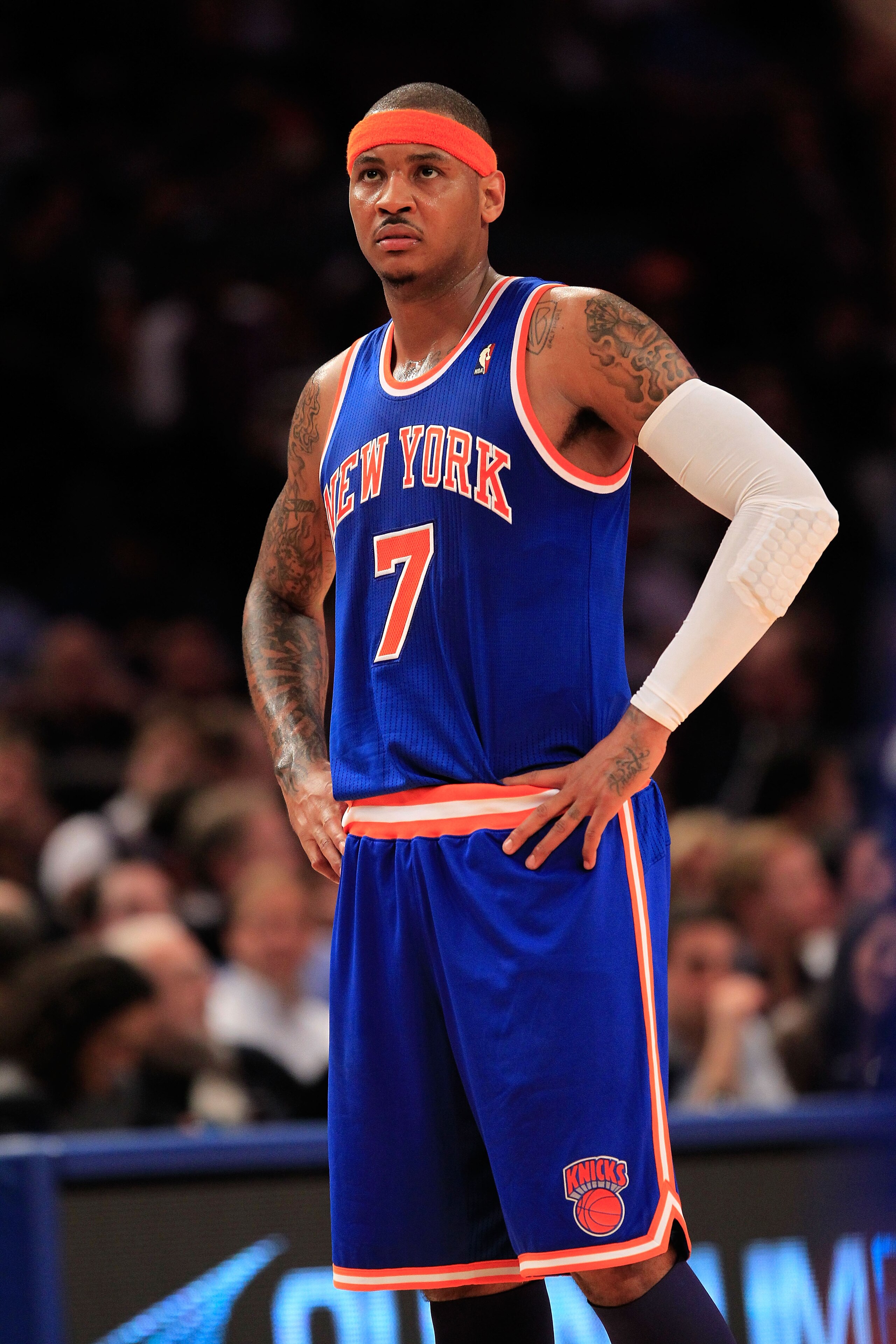 NEW YORK, NY - FEBRUARY 23:  Carmelo Anthony #7 of the New York Knicks on the court against the Milwaukee Bucks at Madison Square Garden on February 23, 2011 in New York City. NOTE TO USER: User expressly acknowledges and agrees that, by downloading and/o