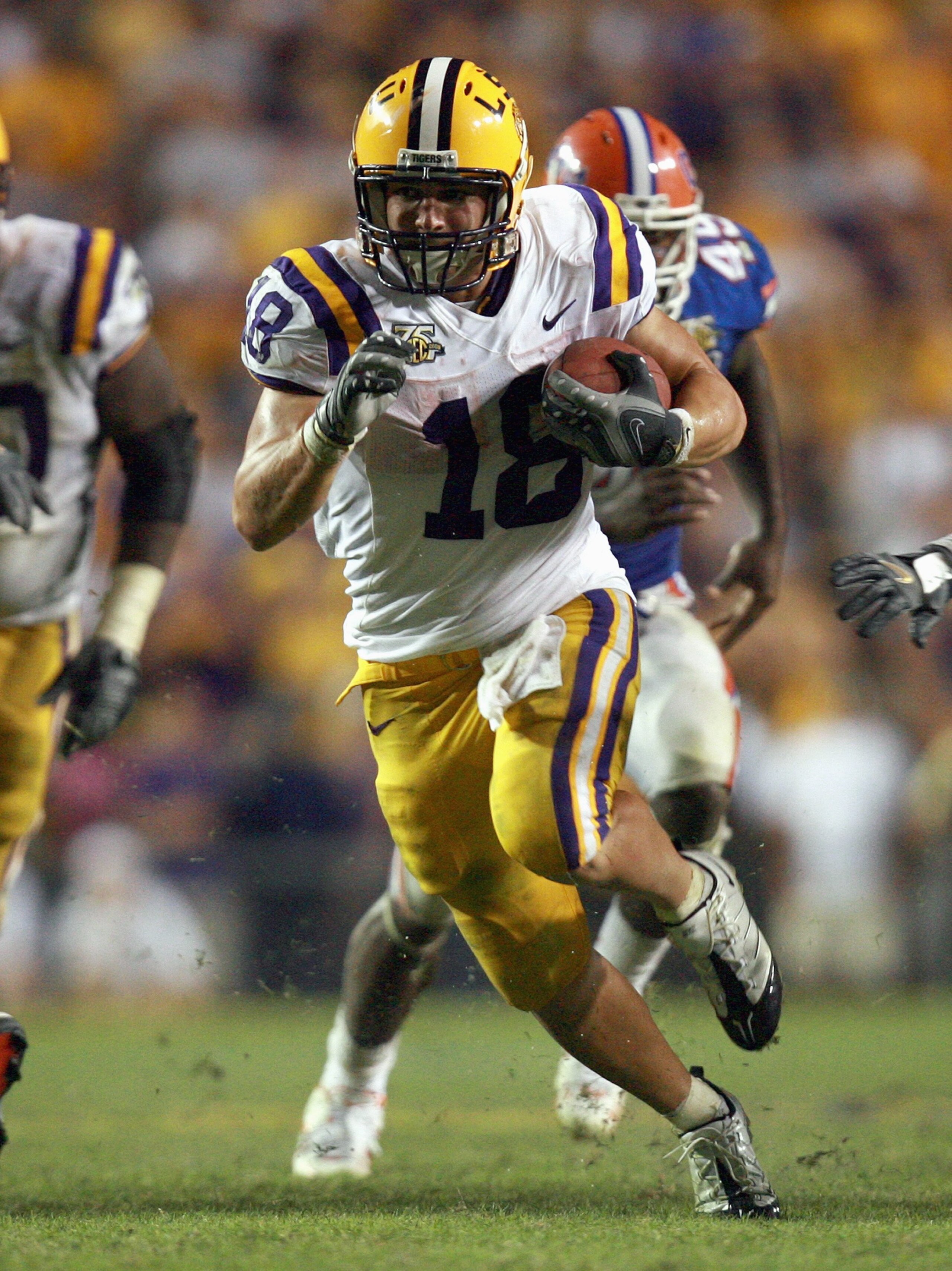 BATON ROUGE, LA - OCTOBER 06: Jacob Hester #18 of the LSU Tigers carries the ball against the Florida Gators at Tiger Stadium on October 6 , 2007 in Baton Rouge, Louisiana. LSU defeated Florida 28-24. (Photo by Doug Benc/Getty Images)