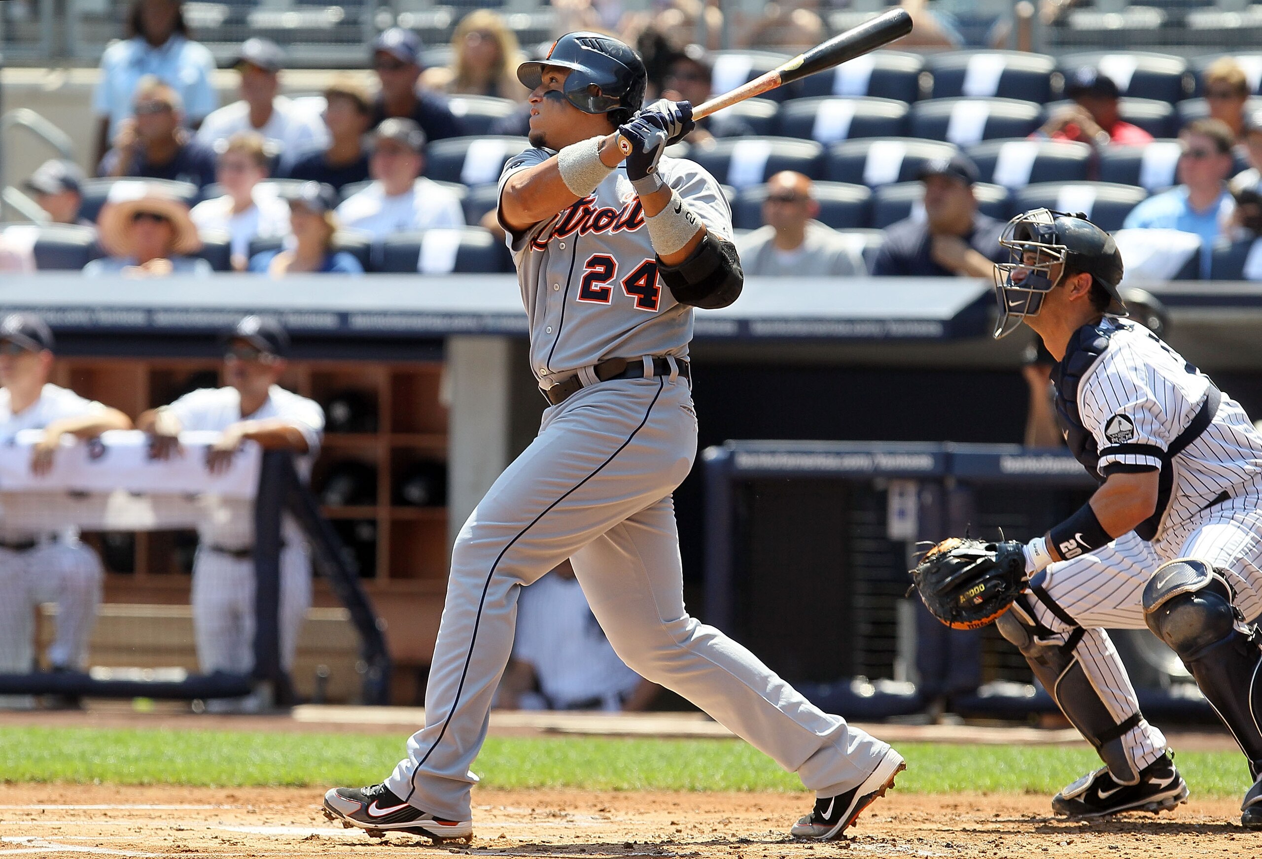 NEW YORK - AUGUST 19: Miguel Cabrera #24 of the Detroit Tigers follows through on a first inning two run home run against the New York Yankees on August 19, 2010 at Yankee Stadium in the Bronx borough of New York City. (Photo by Jim McIsaac/Getty Images NEW YORK - AUGUST 19: Miguel Cabrera #24 of the Detroit Tigers follows through on a first inning two run home run against the New York Yankees on August 19, 2010 at Yankee Stadium in the Bronx borough of New York City. (Photo by Jim McIsaac/Getty Images