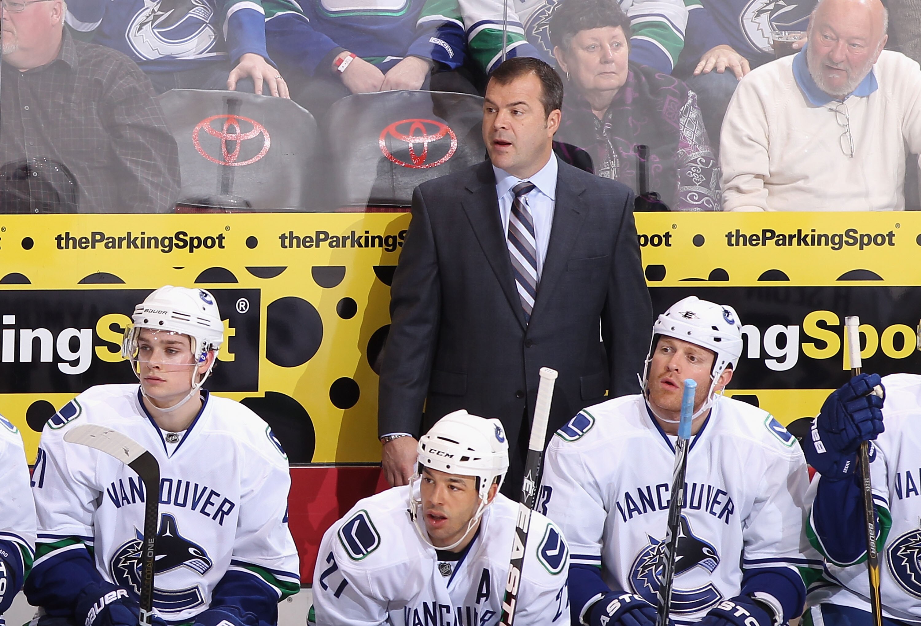 GLENDALE, AZ - FEBRUARY 02:  Head coach Alain Vigneault of the Vancouver Canucks during the NHL game against the Phoenix Coyotes at Jobing.com Arena on February 2, 2011 in Glendale, Arizona.  The Canucks defeated the Coyotes 6-0.  (Photo by Christian Pete