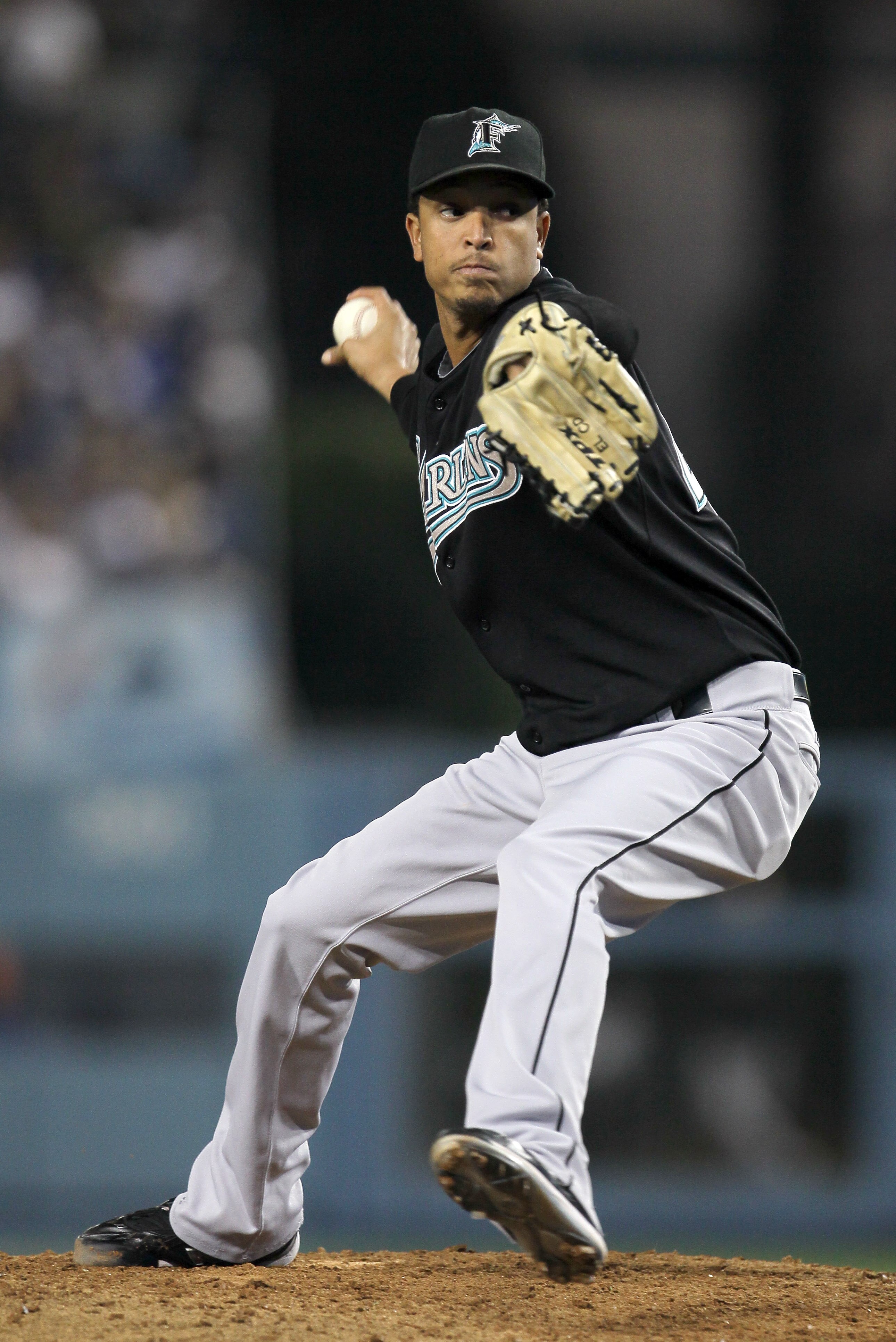 LOS ANGELES, CA - JULY 05:  Relief pitcher Leo Nunez #46 of the Florida Marlins pitches in the ninth inning on his way to picking up the save against the Los Angeles Dodgers on July 5, 2010 at Dodger Stadium in Los Angeles, California. The Marlins won 6-5