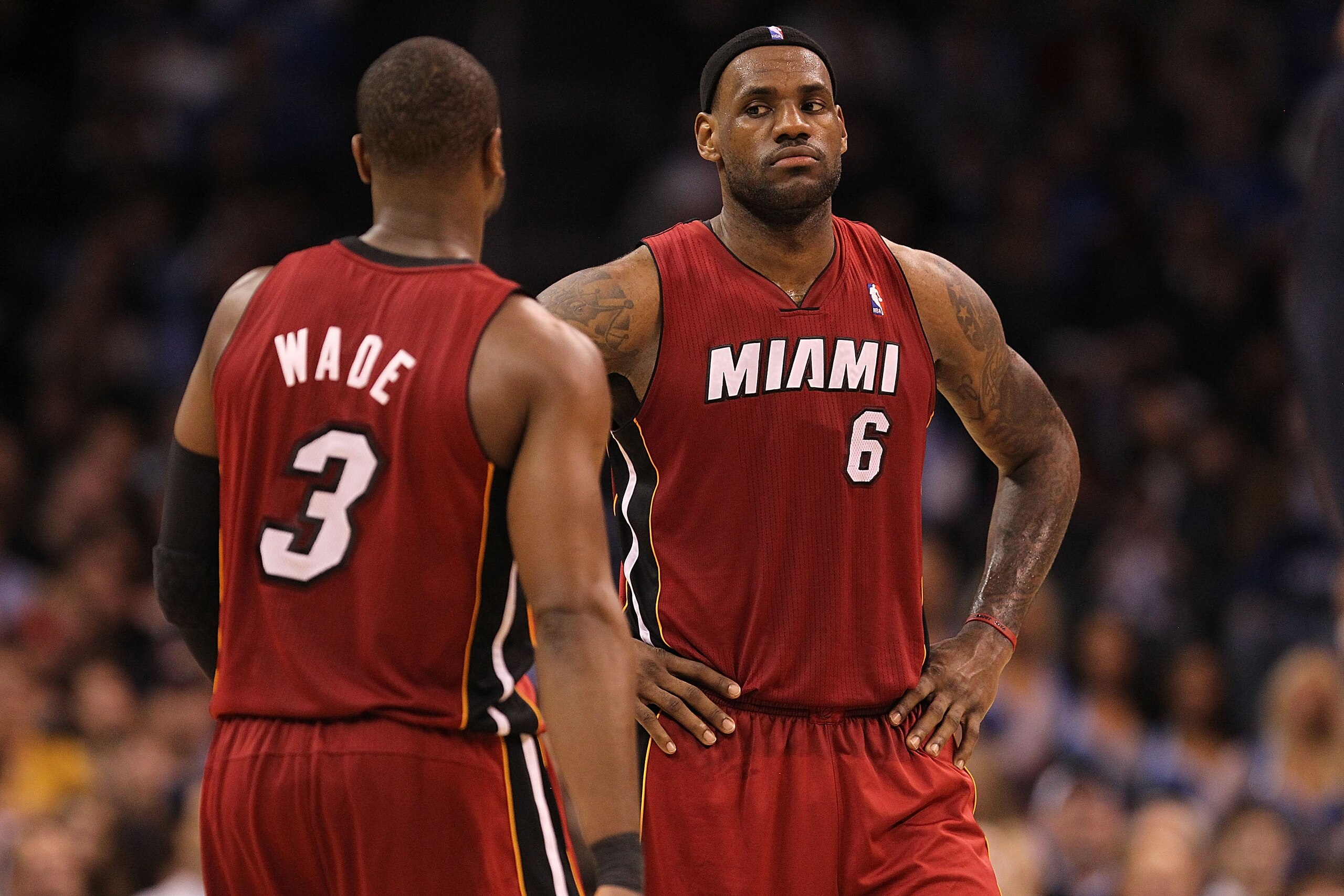 OKLAHOMA CITY, OK - JANUARY 30: Forward LeBron James #6 and Dwyane Wade #3 of the Miami Heat during play against the Oklahoma City Thunder at Ford Center on January 30, 2011 in Oklahoma City, Oklahoma. NOTE TO USER: User expressly acknowledges and agree OKLAHOMA CITY, OK - JANUARY 30: Forward LeBron James #6 and Dwyane Wade #3 of the Miami Heat during play against the Oklahoma City Thunder at Ford Center on January 30, 2011 in Oklahoma City, Oklahoma. NOTE TO USER: User expressly acknowledges and agree