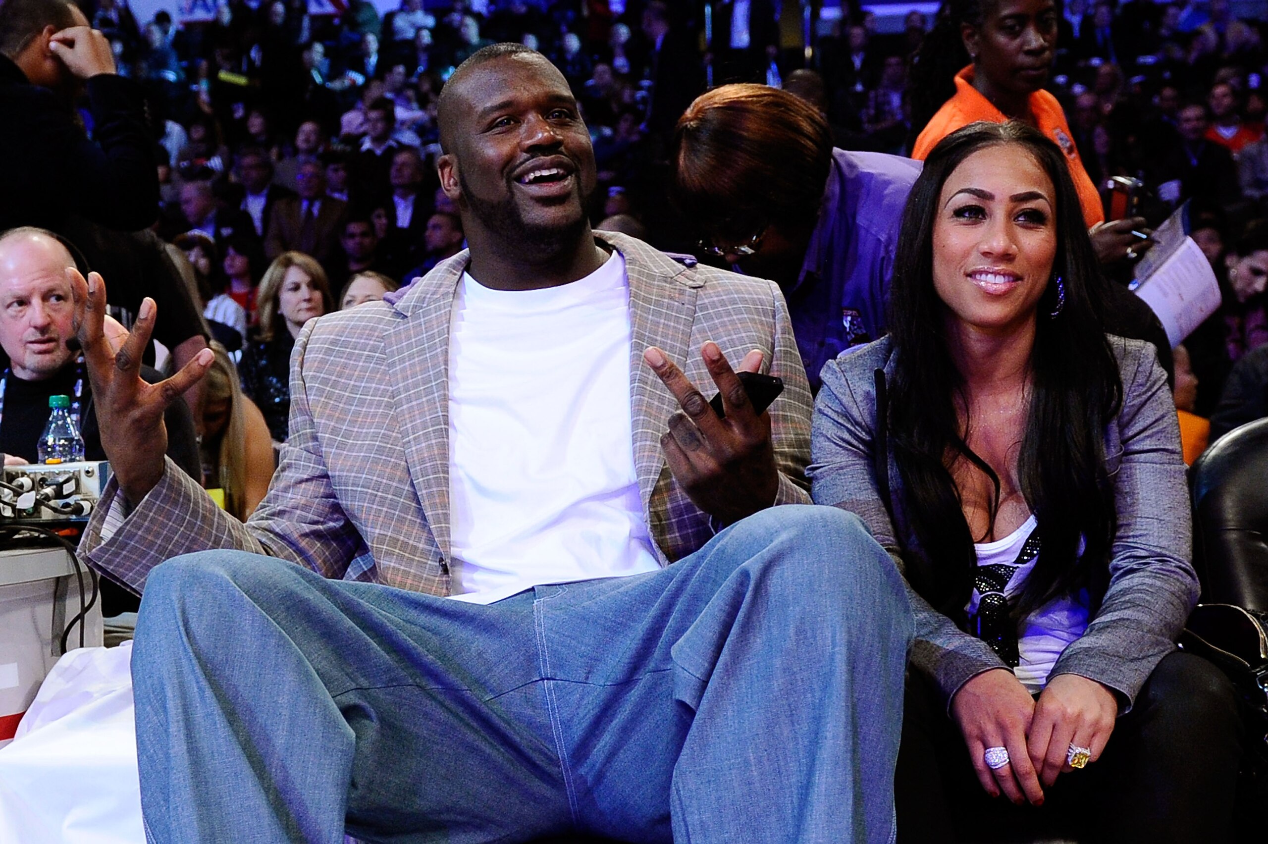 LOS ANGELES, CA - FEBRUARY 19: Shaquille O'Neal of the Boston Celtics with girlfriend Nicole 'Hoopz' Alexander sit courtside as they attend NBA All-Star Saturday night presented by State Farm at Staples Center on February 19, 2011 in Los Angeles, Califor LOS ANGELES, CA - FEBRUARY 19: Shaquille O'Neal of the Boston Celtics with girlfriend Nicole 'Hoopz' Alexander sit courtside as they attend NBA All-Star Saturday night presented by State Farm at Staples Center on February 19, 2011 in Los Angeles, Califor