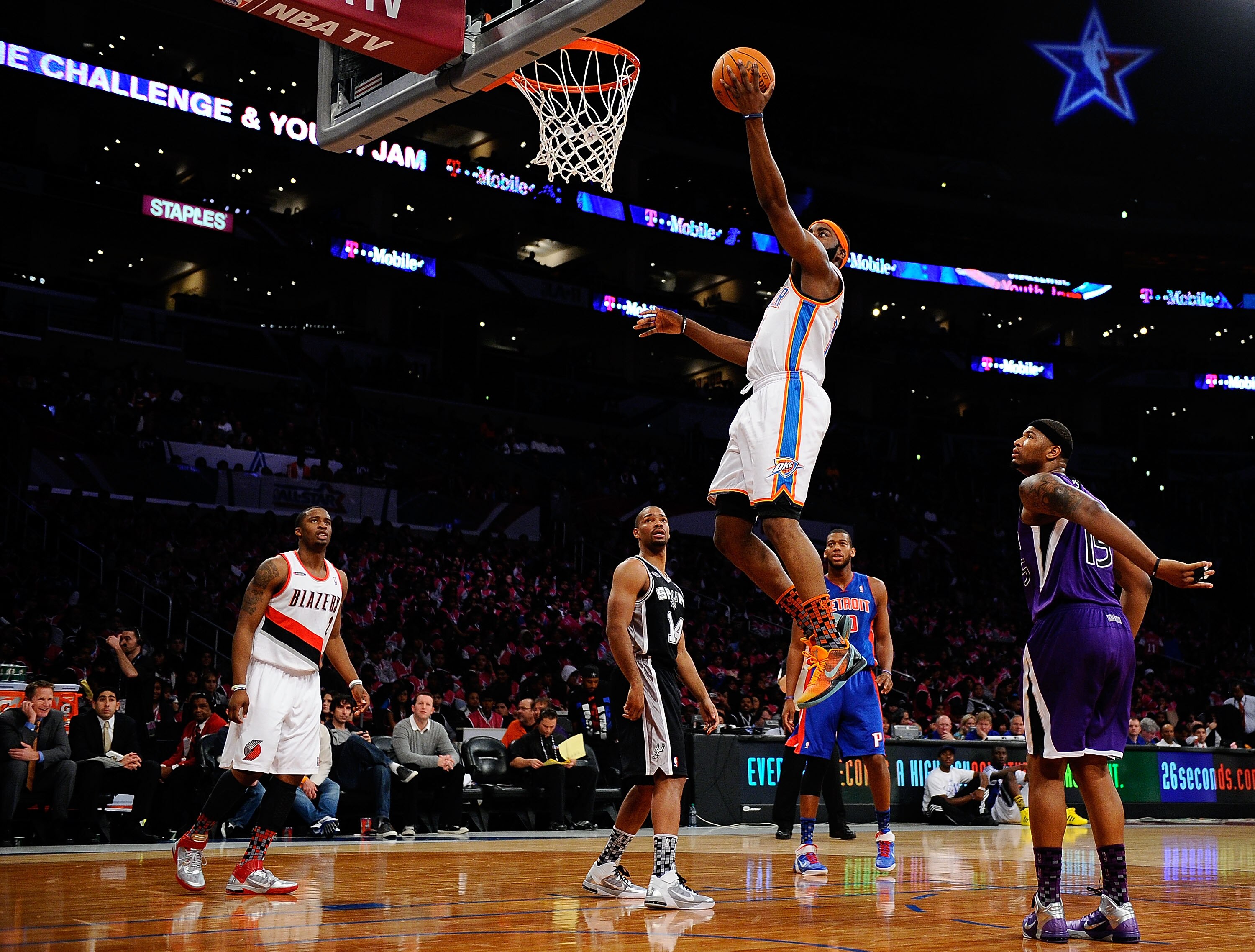 LOS ANGELES, CA - FEBRUARY 18:  James Harden #13 of the Oklahoma City Thunder and the Sophomore Team lays the ball up in the first half during the T-Mobile Rookie Challenge and Youth Jam at Staples Center on February 18, 2011 in Los Angeles, California.
