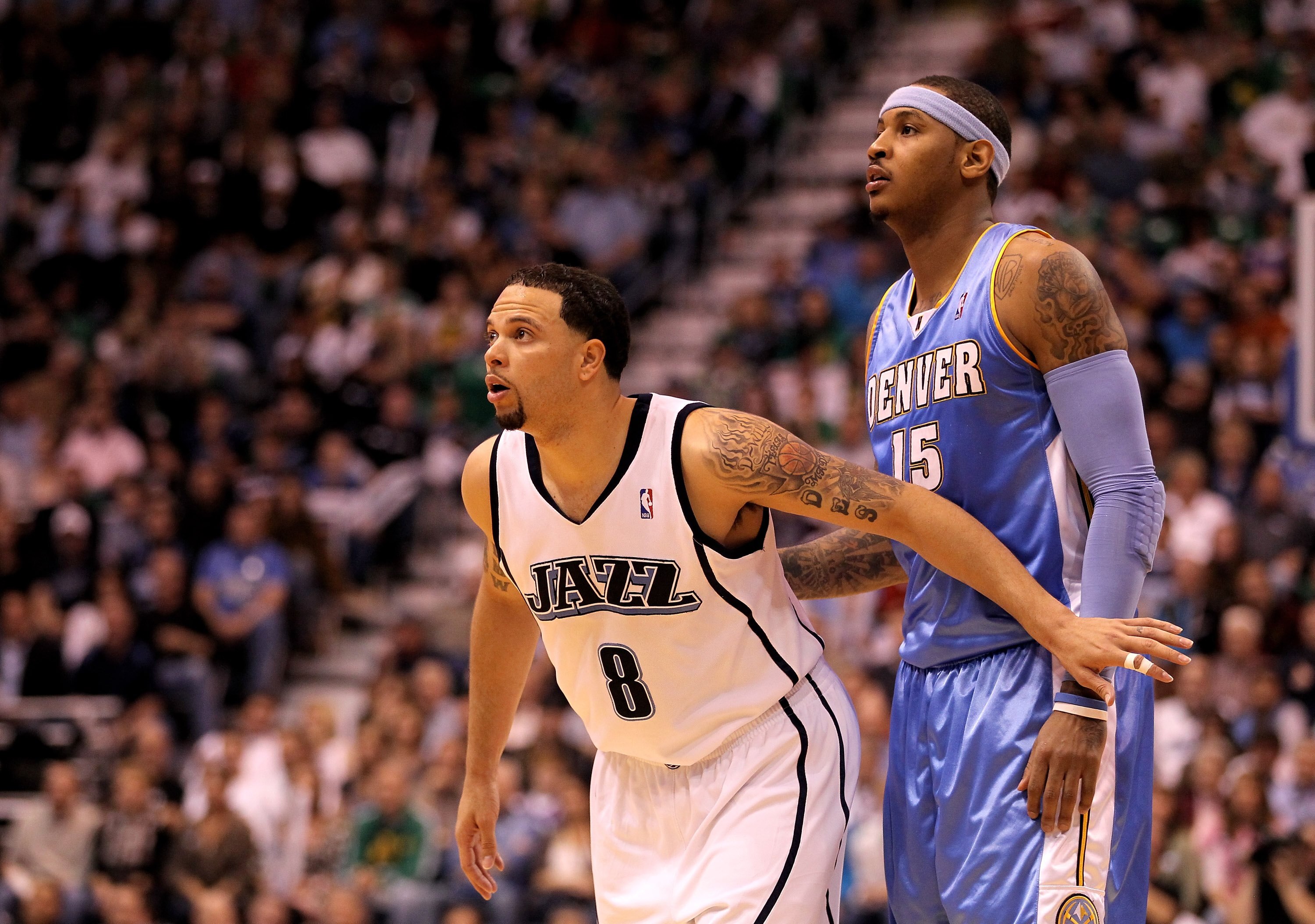 SALT LAKE CITY - APRIL 30: Deron Williams #8 of the Utah Jazz boxes out Carmelo Anthony #15 of the Denver Nuggets in Game Six of the Western Conference Quarterfinals of the 2010 NBA Playoffs at EnergySolutions Arena on April 30, 2010 in Salt Lake City, U SALT LAKE CITY - APRIL 30: Deron Williams #8 of the Utah Jazz boxes out Carmelo Anthony #15 of the Denver Nuggets in Game Six of the Western Conference Quarterfinals of the 2010 NBA Playoffs at EnergySolutions Arena on April 30, 2010 in Salt Lake City, U