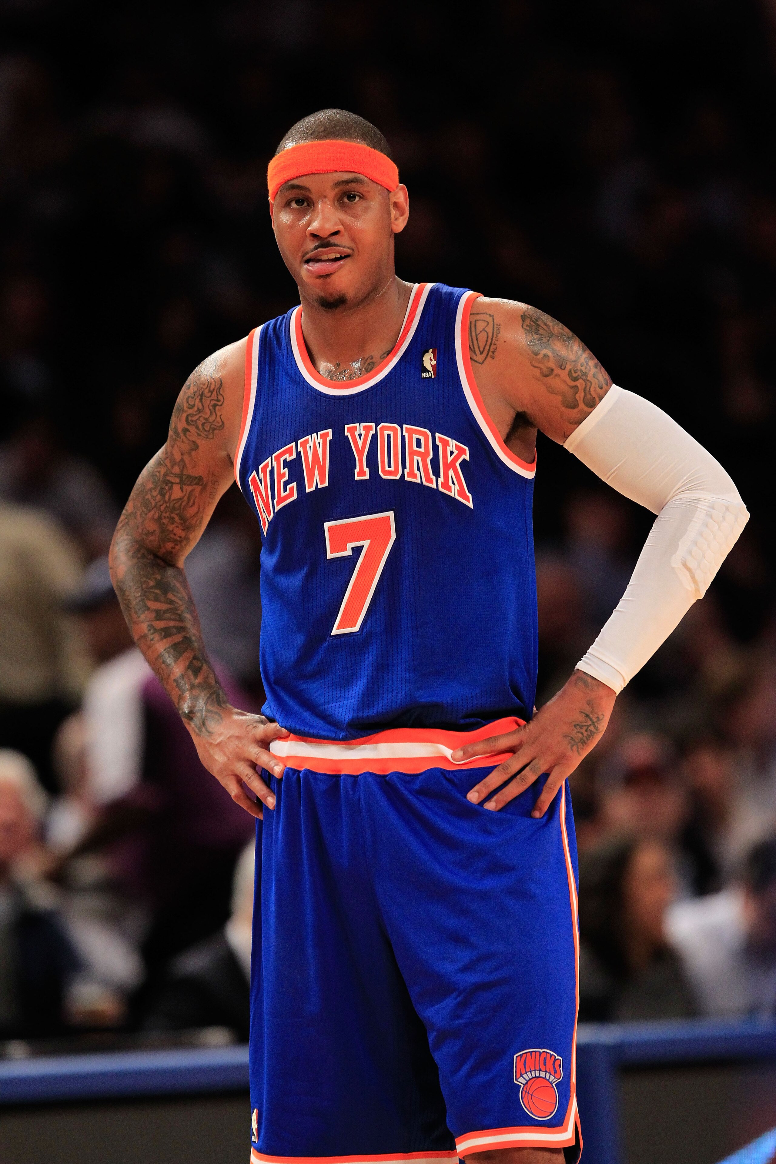 NEW YORK, NY - FEBRUARY 23: Carmelo Anthony #7 of the New York Knicks on the court against the Milwaukee Bucks at Madison Square Garden on February 23, 2011 in New York City. NOTE TO USER: User expressly acknowledges and agrees that, by downloading and/o NEW YORK, NY - FEBRUARY 23: Carmelo Anthony #7 of the New York Knicks on the court against the Milwaukee Bucks at Madison Square Garden on February 23, 2011 in New York City. NOTE TO USER: User expressly acknowledges and agrees that, by downloading and/o