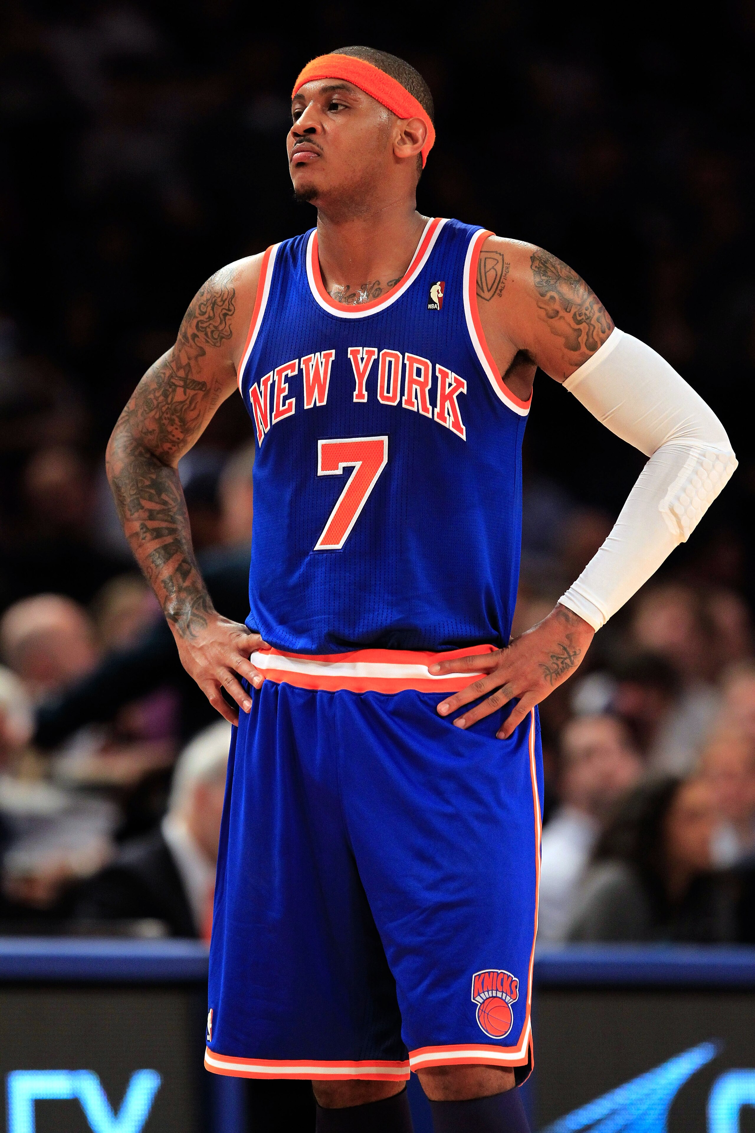NEW YORK, NY - FEBRUARY 23:  Carmelo Anthony #7 of the New York Knicks on the court during the game against the Milwaukee Bucks at Madison Square Garden on February 23, 2011 in New York City. NOTE TO USER: User expressly acknowledges and agrees that, by d