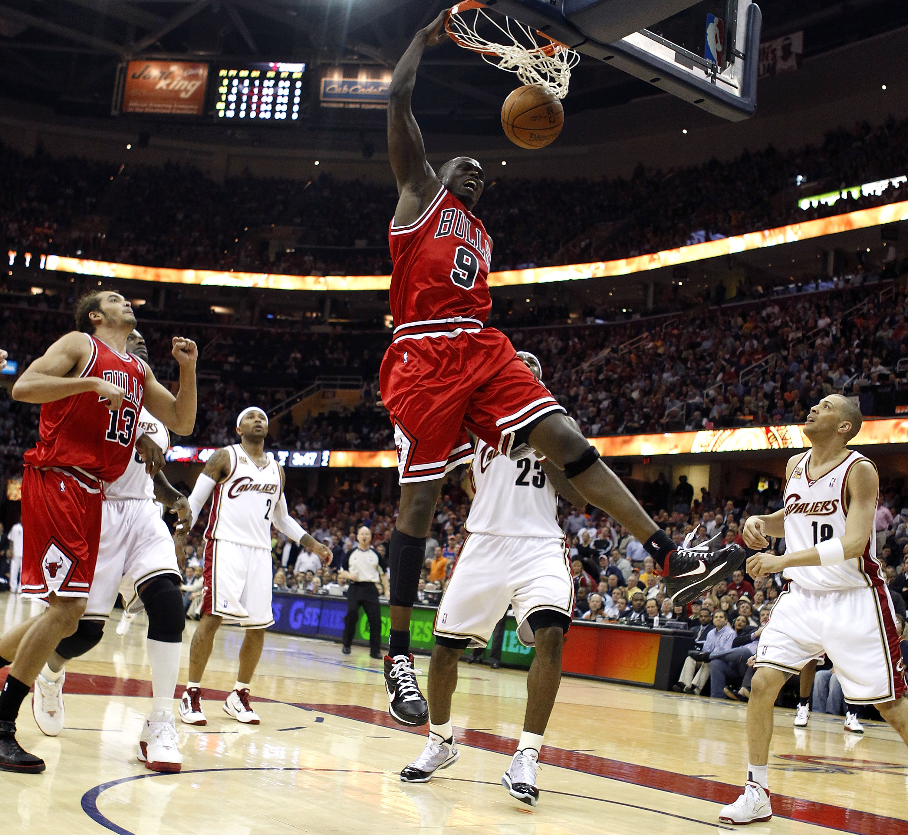 CLEVELAND - APRIL 19:  Luol Deng #9 of the Chicago Bulls gets in for a dunk while playing the Cleveland Cavaliers in Game Two of the Eastern Conference Quarterfinals during the 2010 NBA Playoffs at Quicken Loans Arena on April 19, 2010 in Cleveland, Ohio.