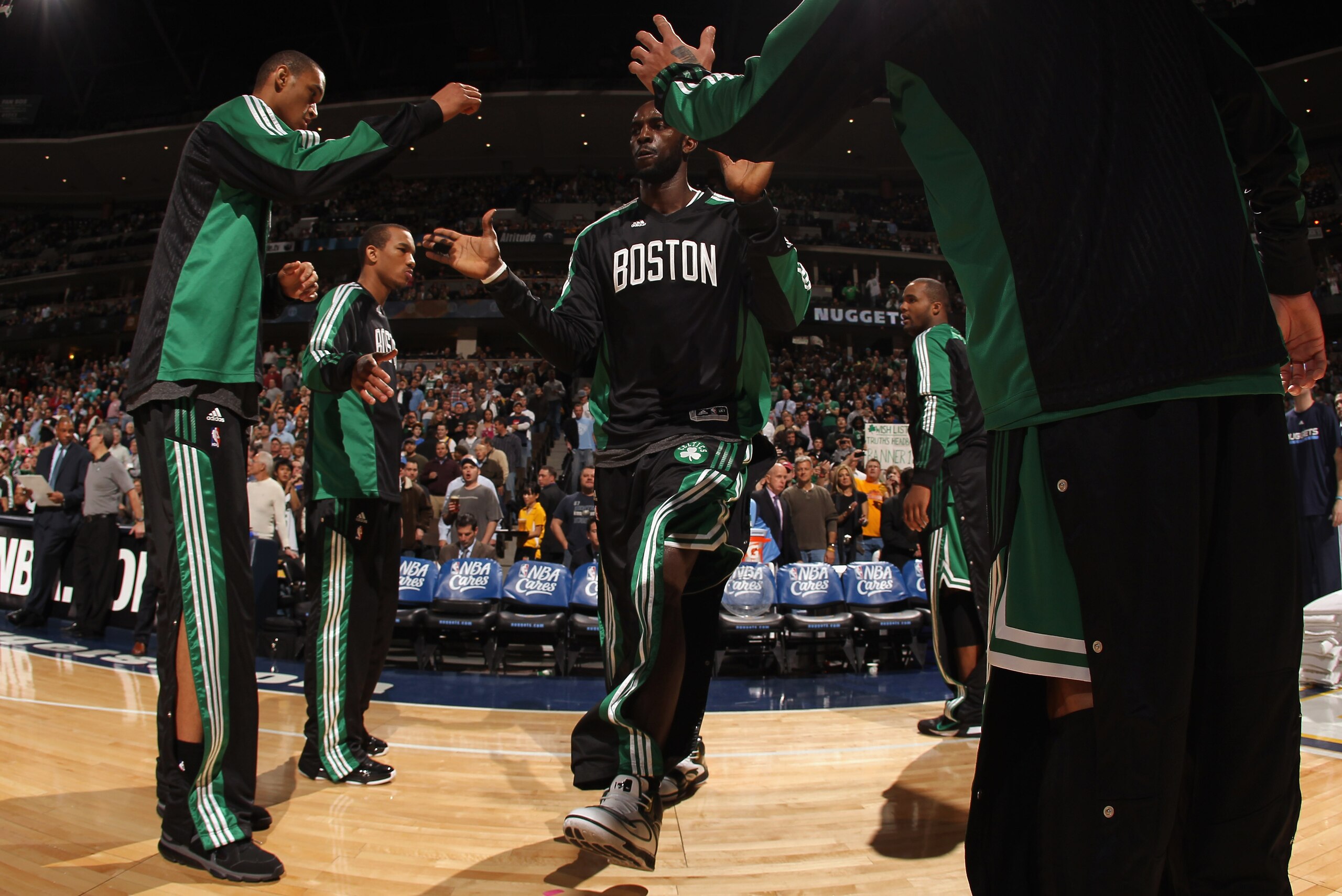 DENVER, CO - FEBRUARY 24:  Kevin Garnett #5 of the Boston Celtics enters the court during player introductions prior to facing the Denver Nuggets at the Pepsi Center on February 24, 2011 in Denver, Colorado. The Nuggets defeated the Celtics 89-75. NOTE TO