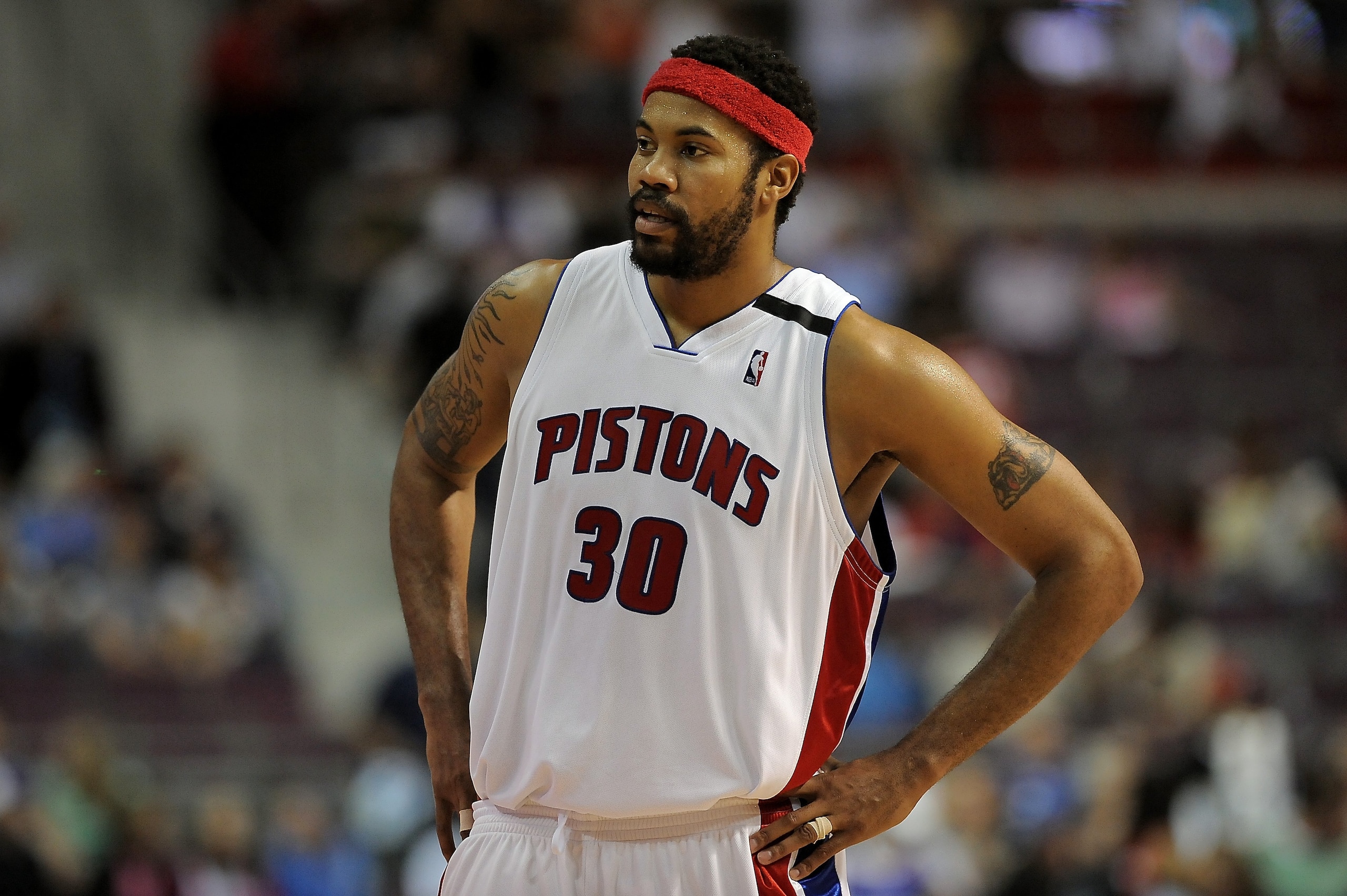 AUBURN HILLS, MI - APRIL 24: Rasheed Wallace #30 of the Detroit Pistons looks across the court in Game Three of the Eastern Conference Quarterfinals against the Cleveland Cavaliers during the 2009 NBA Playoffs at the Palace of Auburn Hills on April 24, 2 AUBURN HILLS, MI - APRIL 24: Rasheed Wallace #30 of the Detroit Pistons looks across the court in Game Three of the Eastern Conference Quarterfinals against the Cleveland Cavaliers during the 2009 NBA Playoffs at the Palace of Auburn Hills on April 24, 2