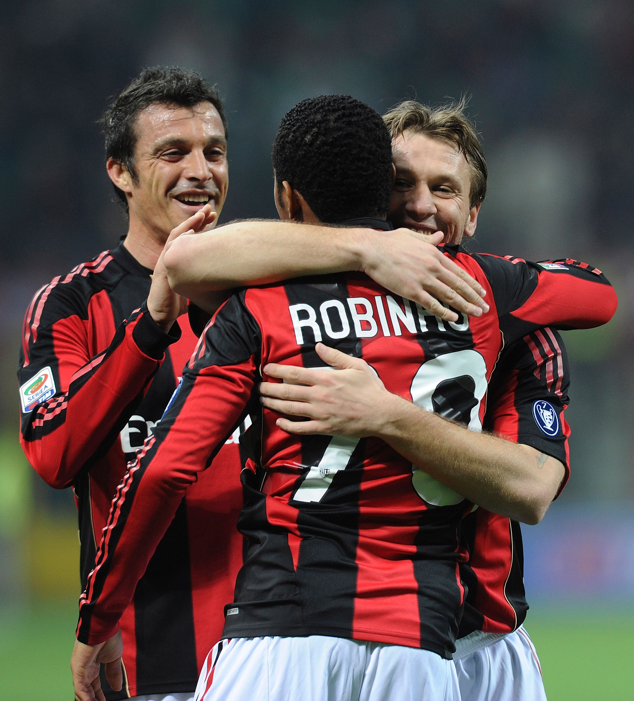 MILAN, ITALY - FEBRUARY 12:  Robinho (#70) of Milan celebrates with team mates after scoring his team's goal during the Serie A match between AC Milan and Parma FC at Stadio Giuseppe Meazza on February 12, 2011 in Milan, Italy.  (Photo by Dino Panato/Gett