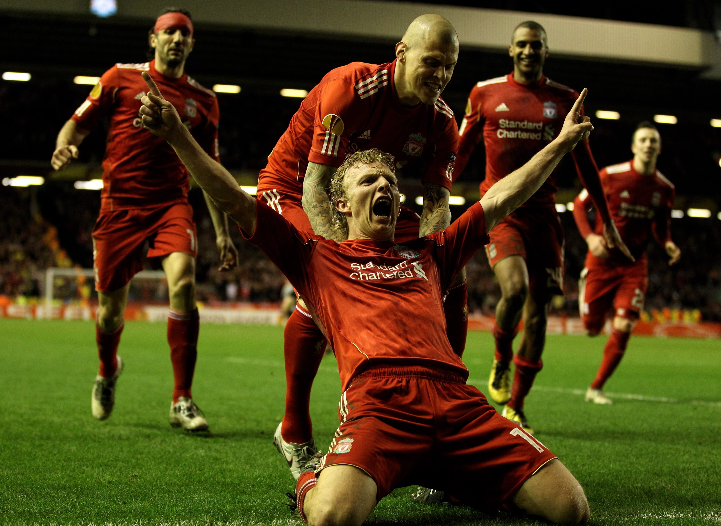 LIVERPOOL, ENGLAND - FEBRUARY 24:  Dirk Kuyt of Liverpool celebrates scoring the first goal during the UEFA Europa League Round of 32 2nd leg match beteween Liverpool and Sparta Prague at Anfield on February 24, 2011 in Liverpool, England.  (Photo by Rich
