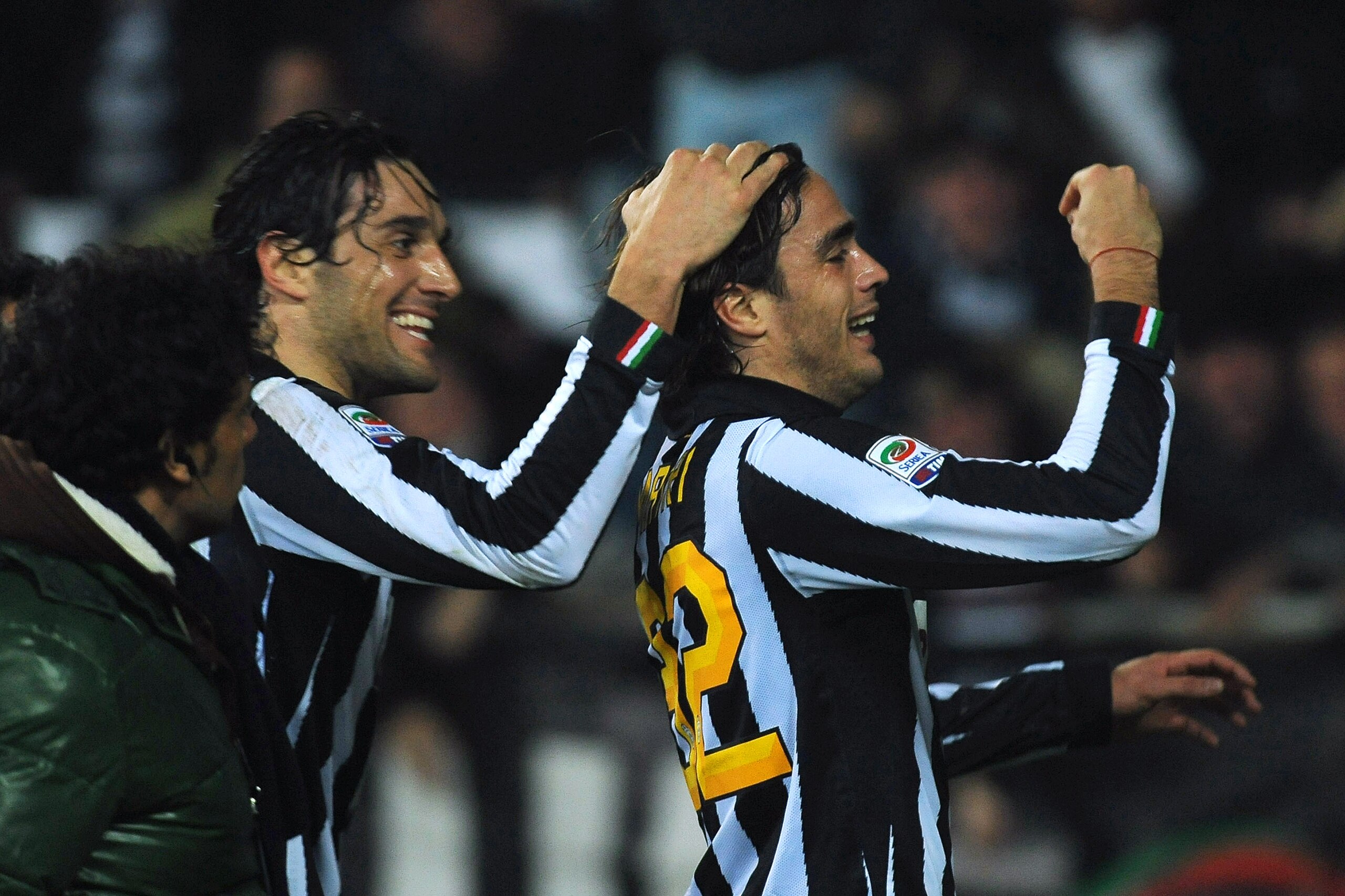 TURIN, ITALY - FEBRUARY 13:  Alessandro Matri (R) of Juventus FC celebrates scoring the opening goal with team mate Luca Toni during the Serie A match between Juventus FC and FC Internazionale Milano at Olimpico Stadium on February 13, 2011 in Turin, Ital