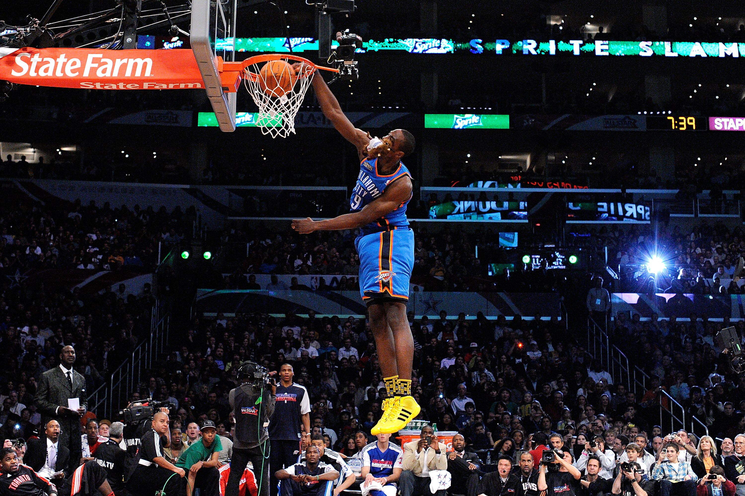 LOS ANGELES, CA - FEBRUARY 19:  Serge Ibaka #9 of the Oklahoma City Thunder dunks the ball after he grabs a stuffed animal with his mouth in the Sprite Slam Dunk Contest apart of NBA All-Star Saturday Night at Staples Center on February 19, 2011 in Los An