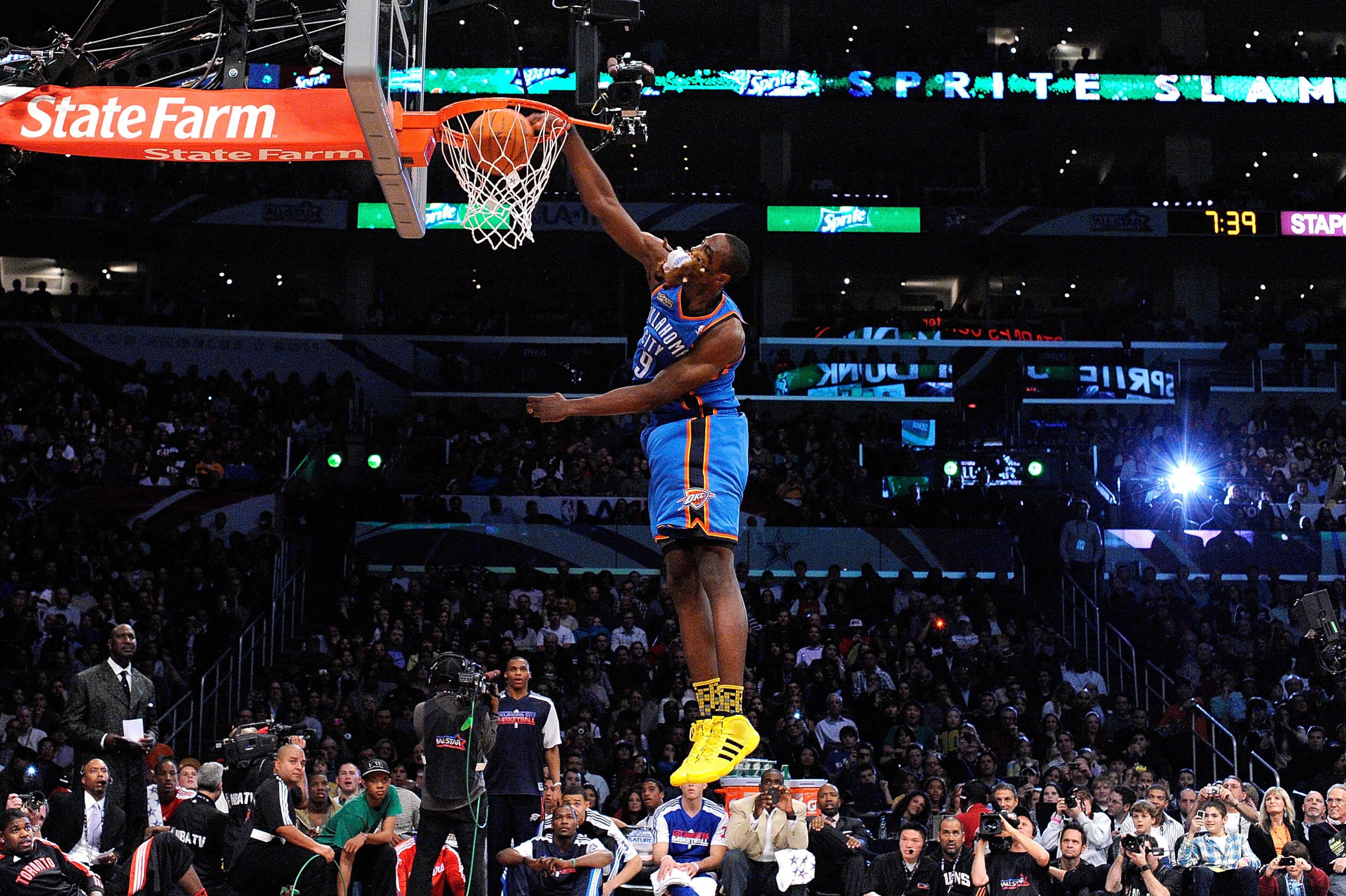 LOS ANGELES, CA - FEBRUARY 19:  Serge Ibaka #9 of the Oklahoma City Thunder dunks the ball after he grabs a stuffed animal with his mouth in the Sprite Slam Dunk Contest apart of NBA All-Star Saturday Night at Staples Center on February 19, 2011 in Los An