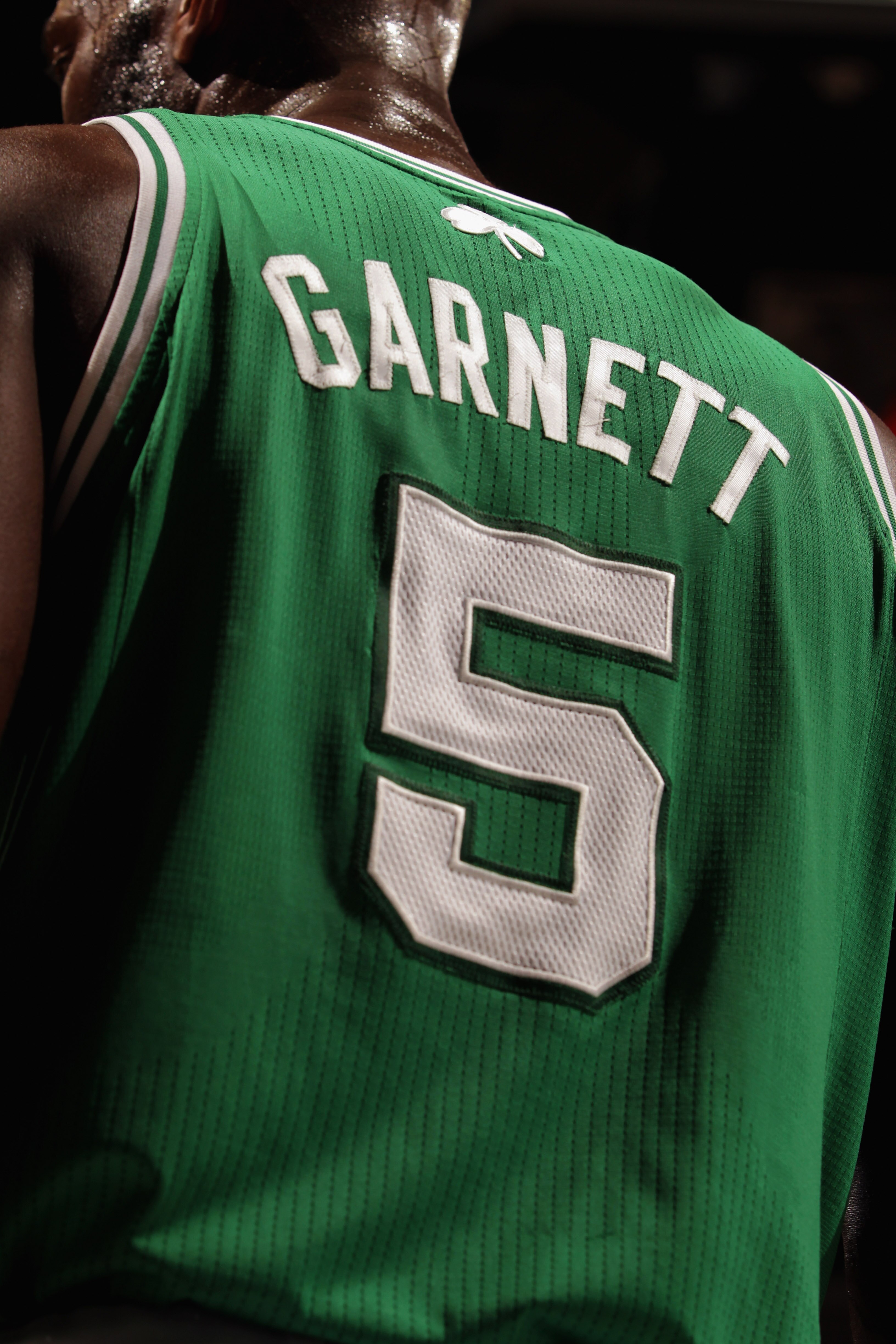 DENVER, CO - FEBRUARY 24:  A detail of the jersey of Kevin Garnett #5 of the Boston Celtics as he faces the Denver Nuggets during NBA action at the Pepsi Center on February 24, 2011 in Denver, Colorado. The Nuggets defeated the Celtics 89-75. NOTE TO USER