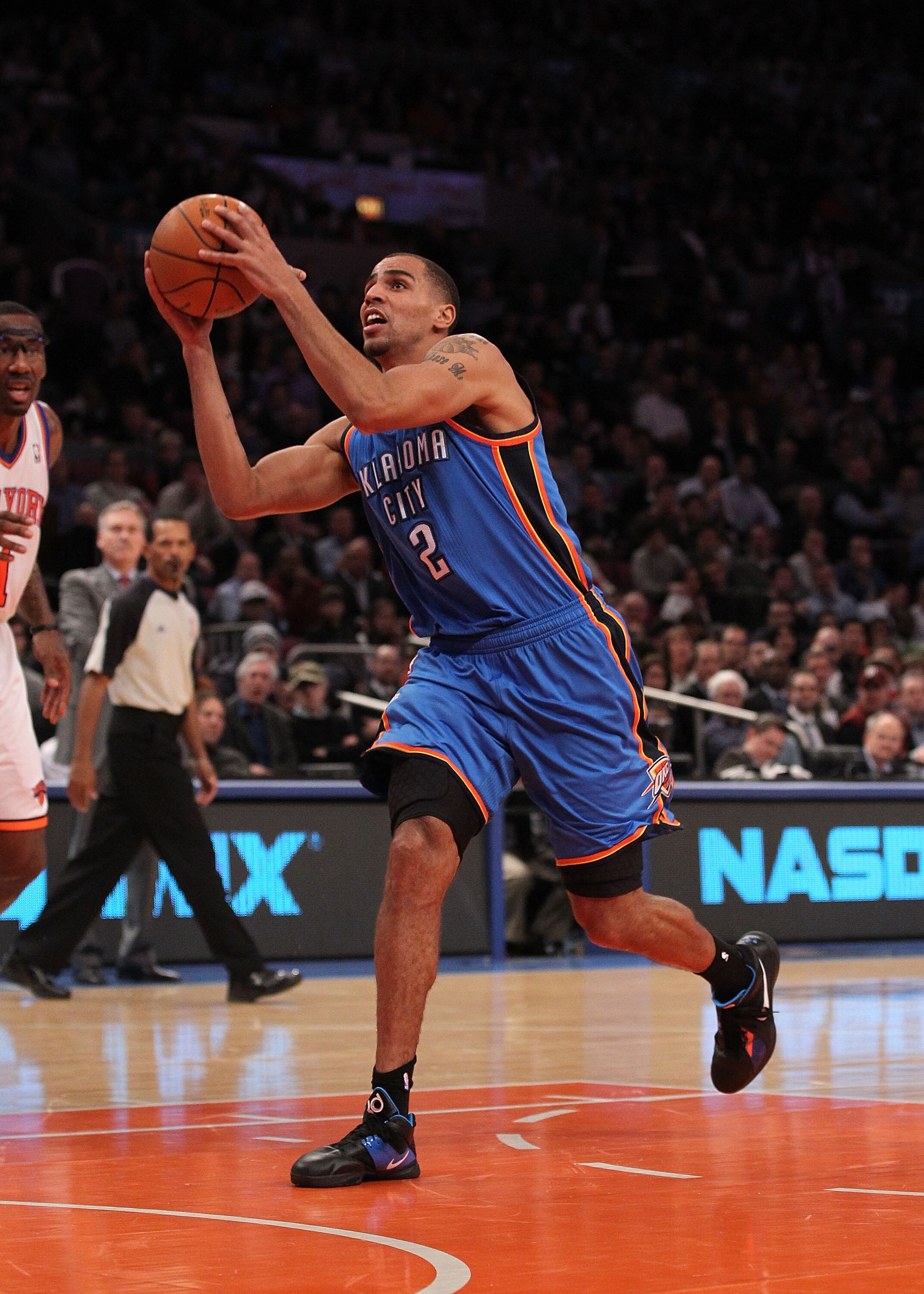 NEW YORK - DECEMBER 22:  Thabo Sefolosha #2 of the Oklahoma City Thunder in action against the New York Knicks at Madison Square Garden on December 22, 2010 in New York, New York.   NOTE TO USER: User expressly acknowledges and agrees that, by downloading